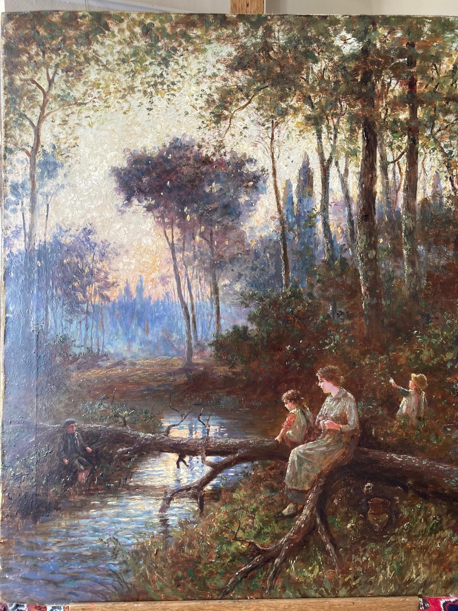 Paisaje victoriano y óleo figurativo de niños y madre en paisaje fluvial - Painting de Ernest Walbourn