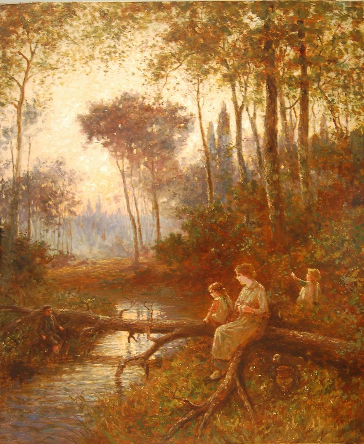 Figurative Painting de Ernest Walbourn - Paisaje victoriano y óleo figurativo de niños y madre en paisaje fluvial