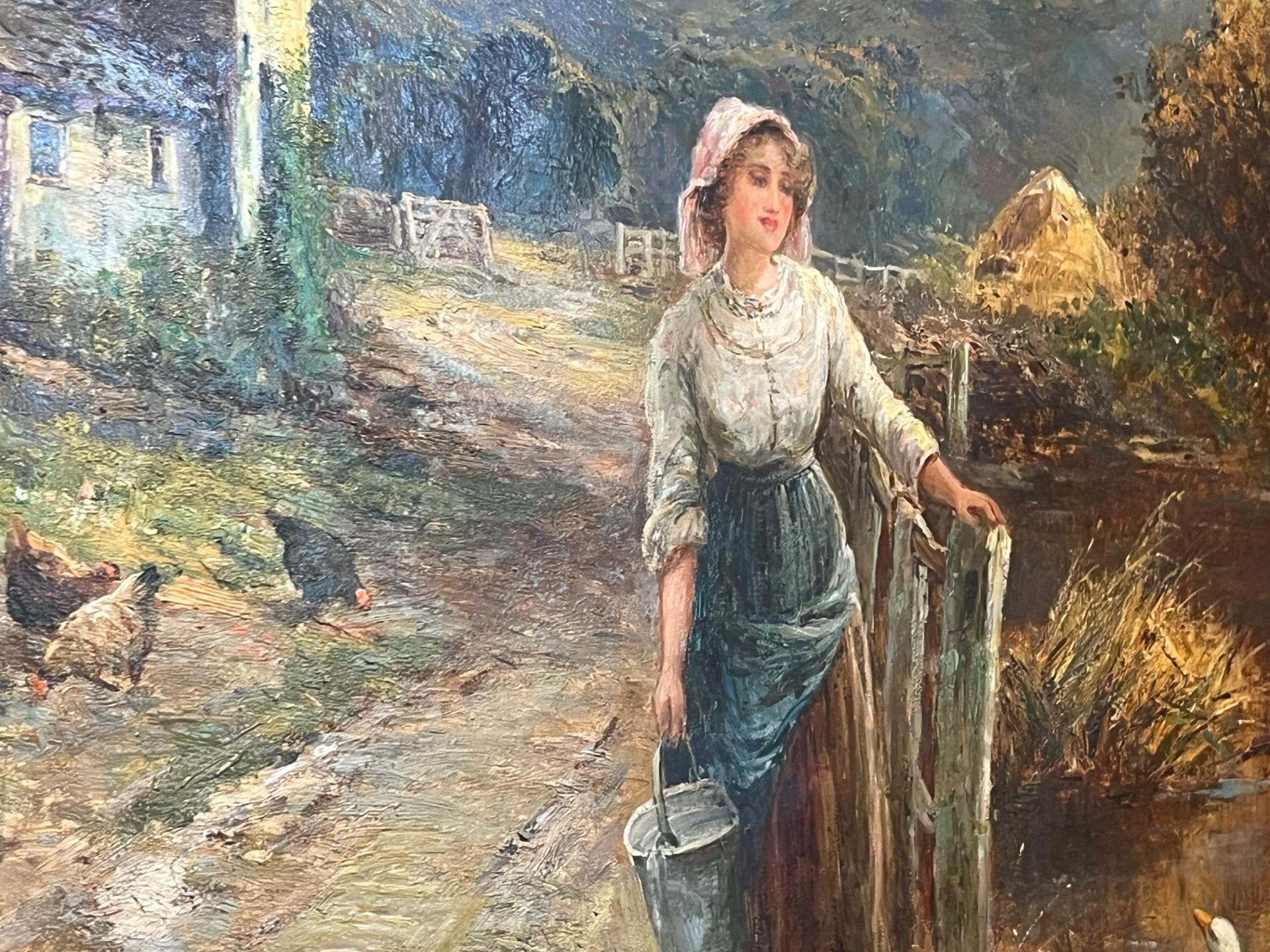 Victorian Landscape Oil Painting Village Scene with Girl Feeding Ducks Framed 7