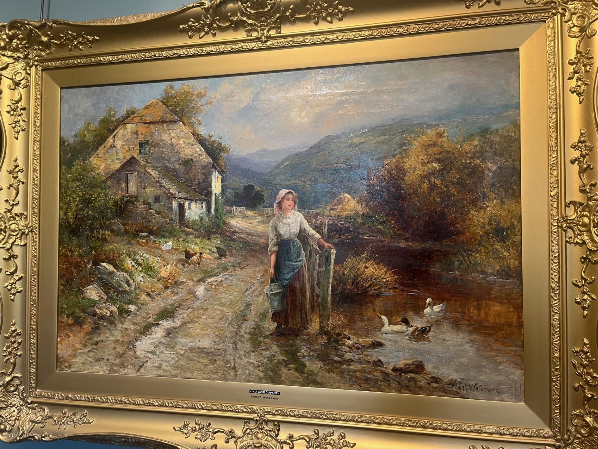 Victorian Landscape Oil Painting Village Scene with Girl Feeding Ducks Framed 8