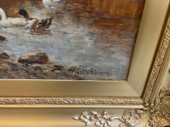 Victorian Landscape Oil Painting Village Scene with Girl Feeding Ducks Framed