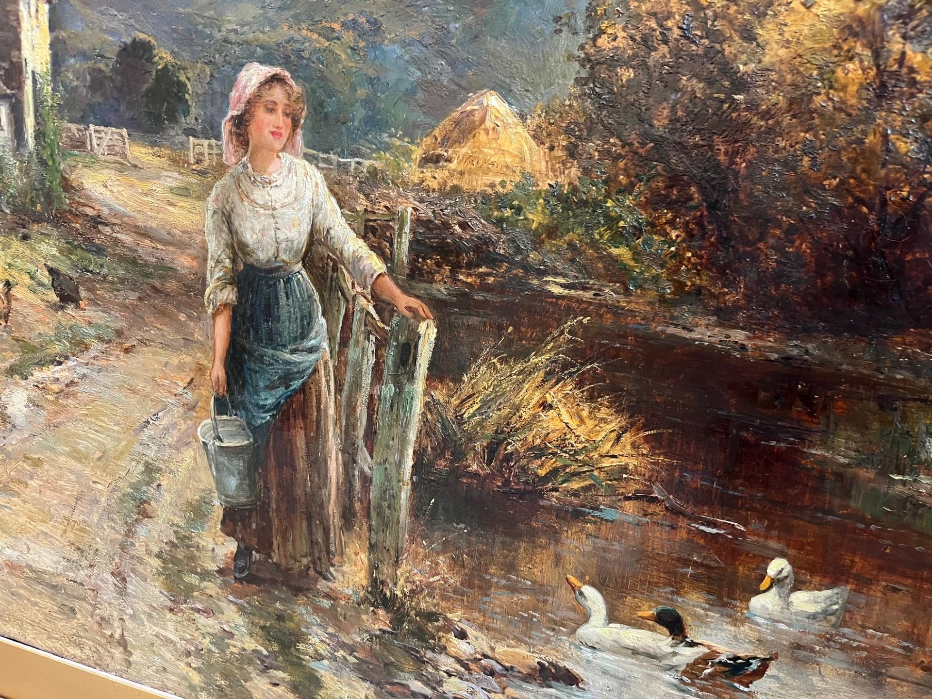 Victorian Landscape Oil Painting Village Scene with Girl Feeding Ducks Framed 1