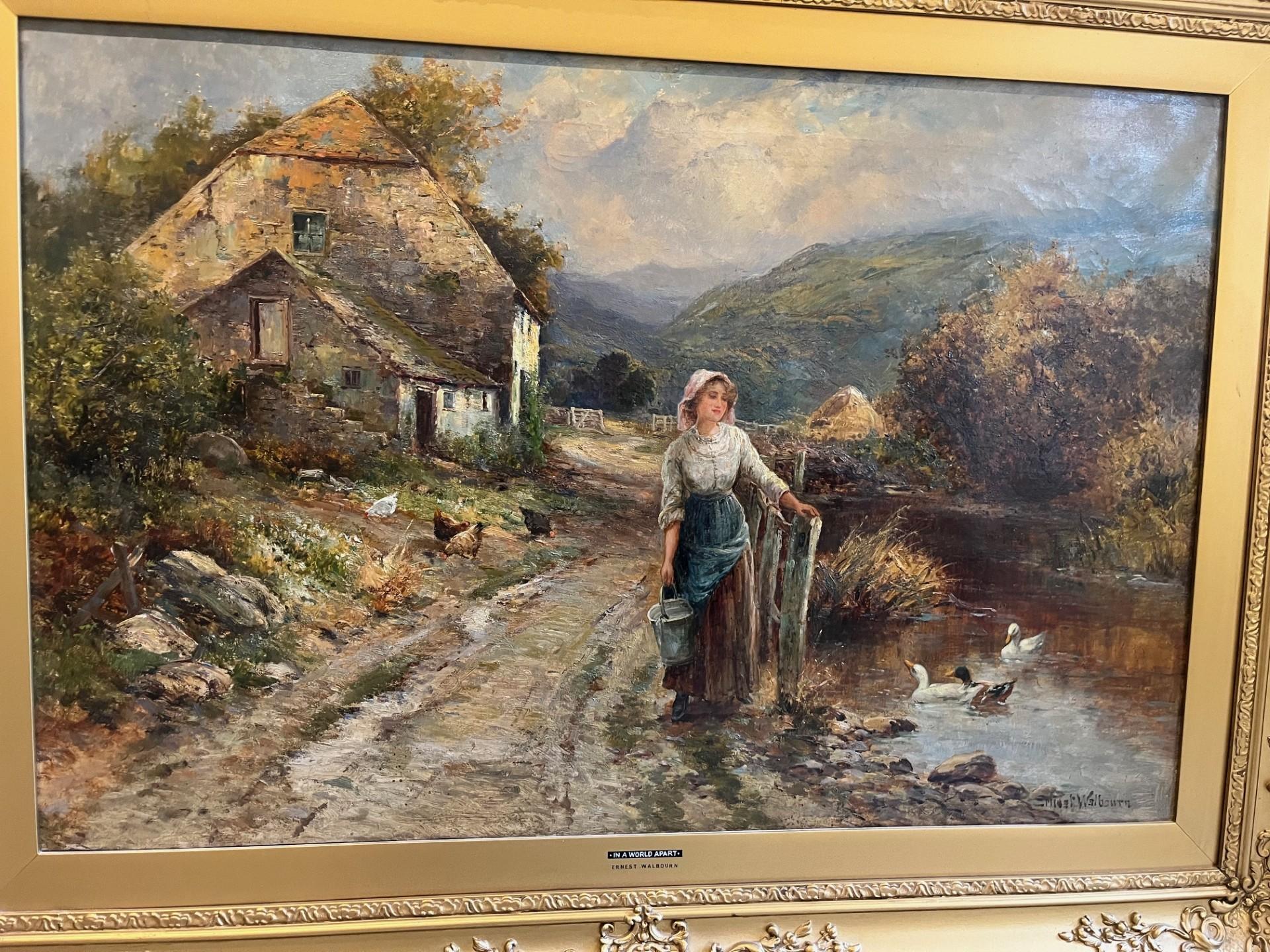 Victorian Landscape Oil Painting Village Scene with Girl Feeding Ducks Framed 2