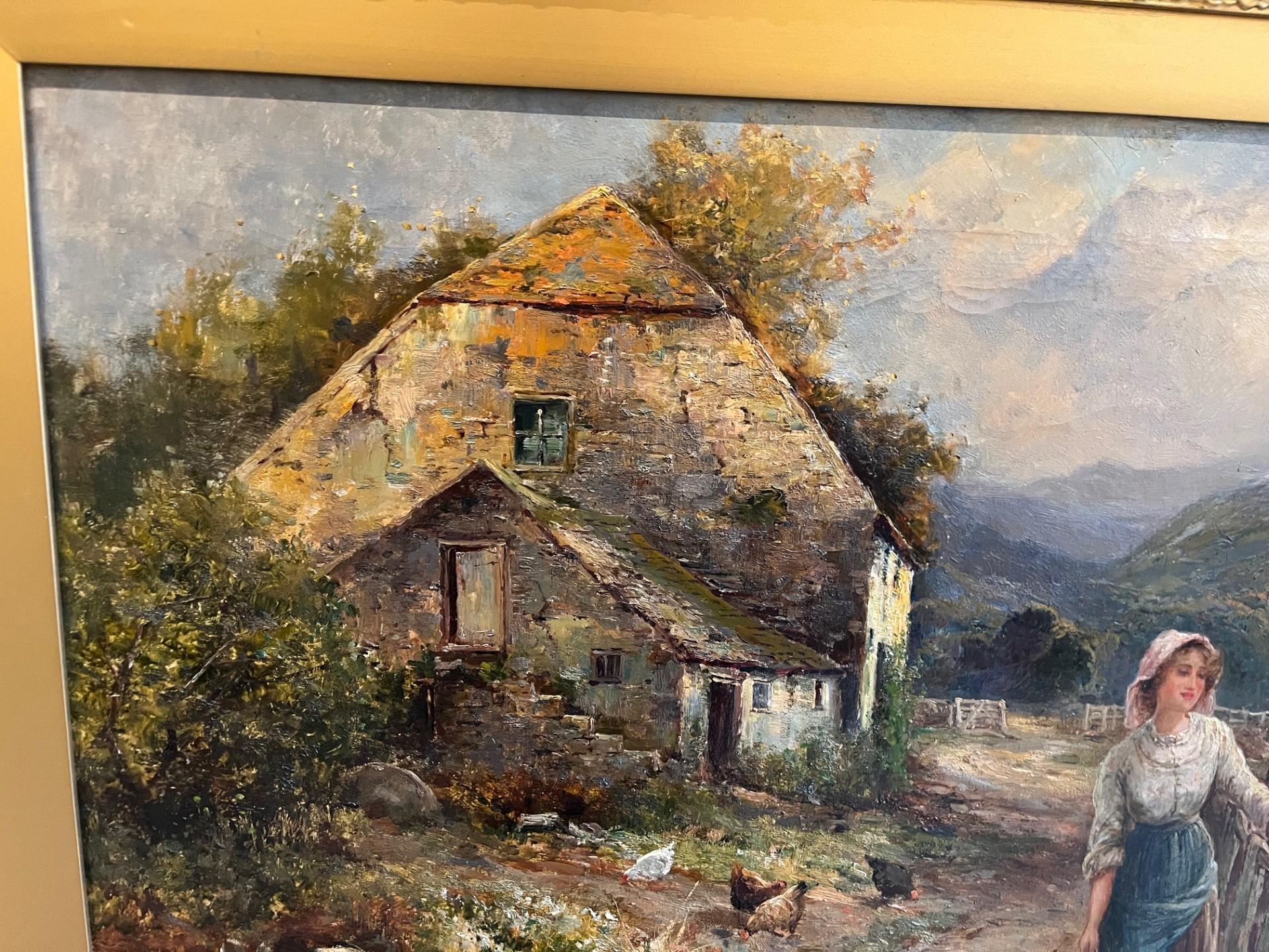 Victorian Landscape Oil Painting Village Scene with Girl Feeding Ducks Framed 4