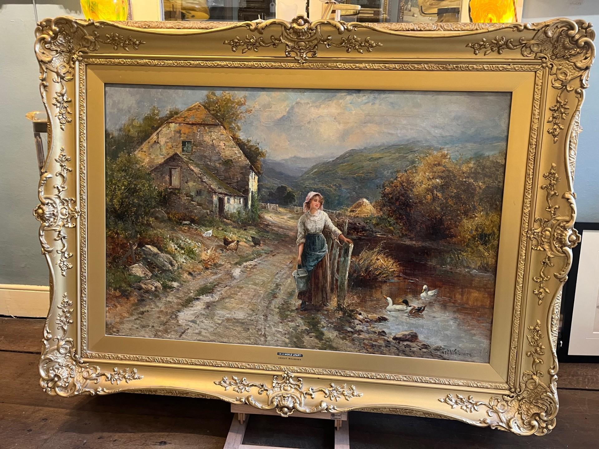 Victorian Landscape Oil Painting Village Scene with Girl Feeding Ducks Framed 5