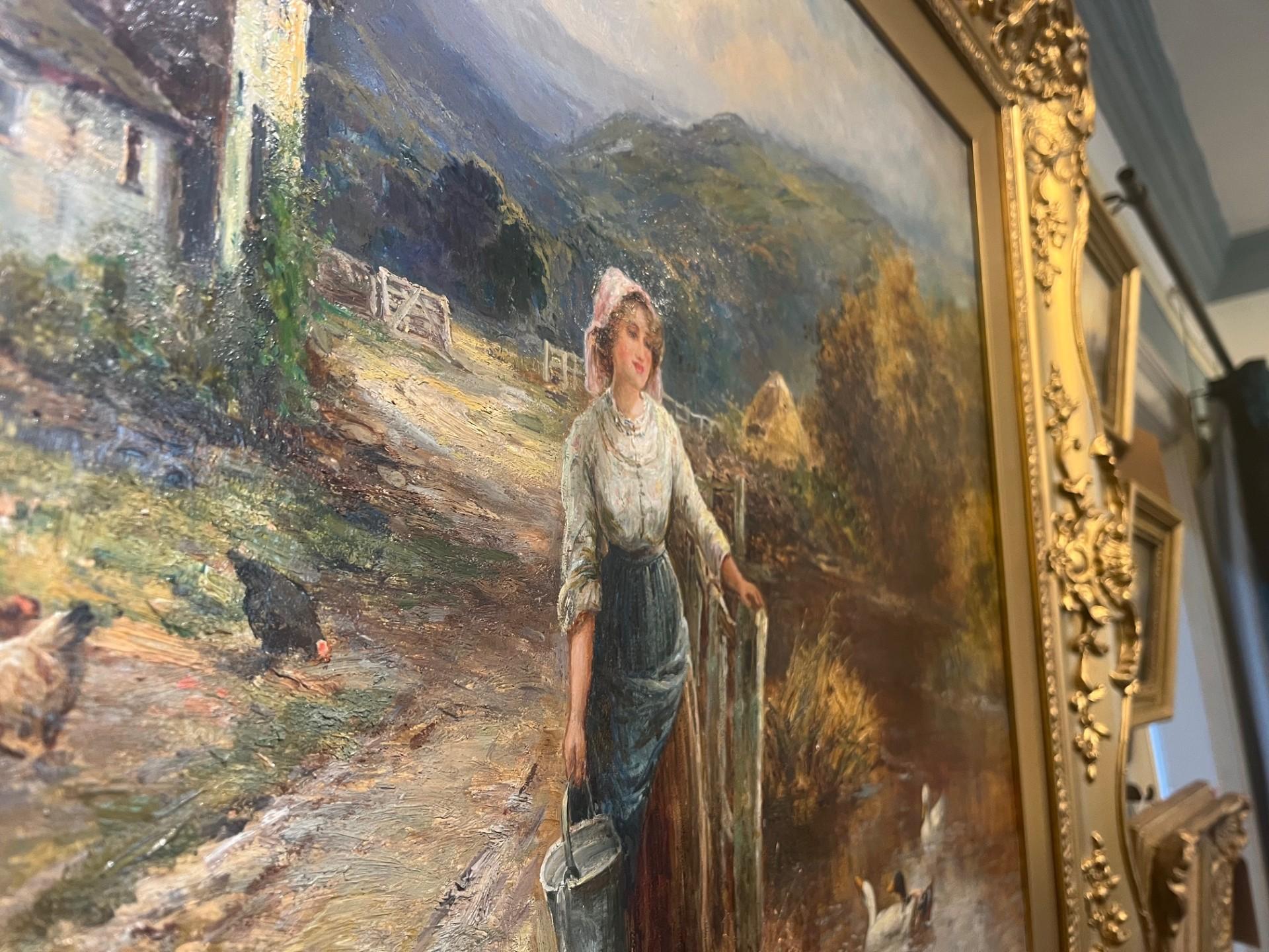Victorian Landscape Oil Painting Village Scene with Girl Feeding Ducks Framed 6