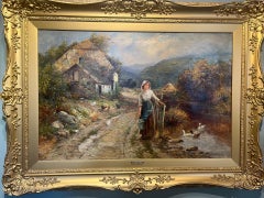 Victorian Landscape Oil Painting Village Scene with Girl Feeding Ducks Framed