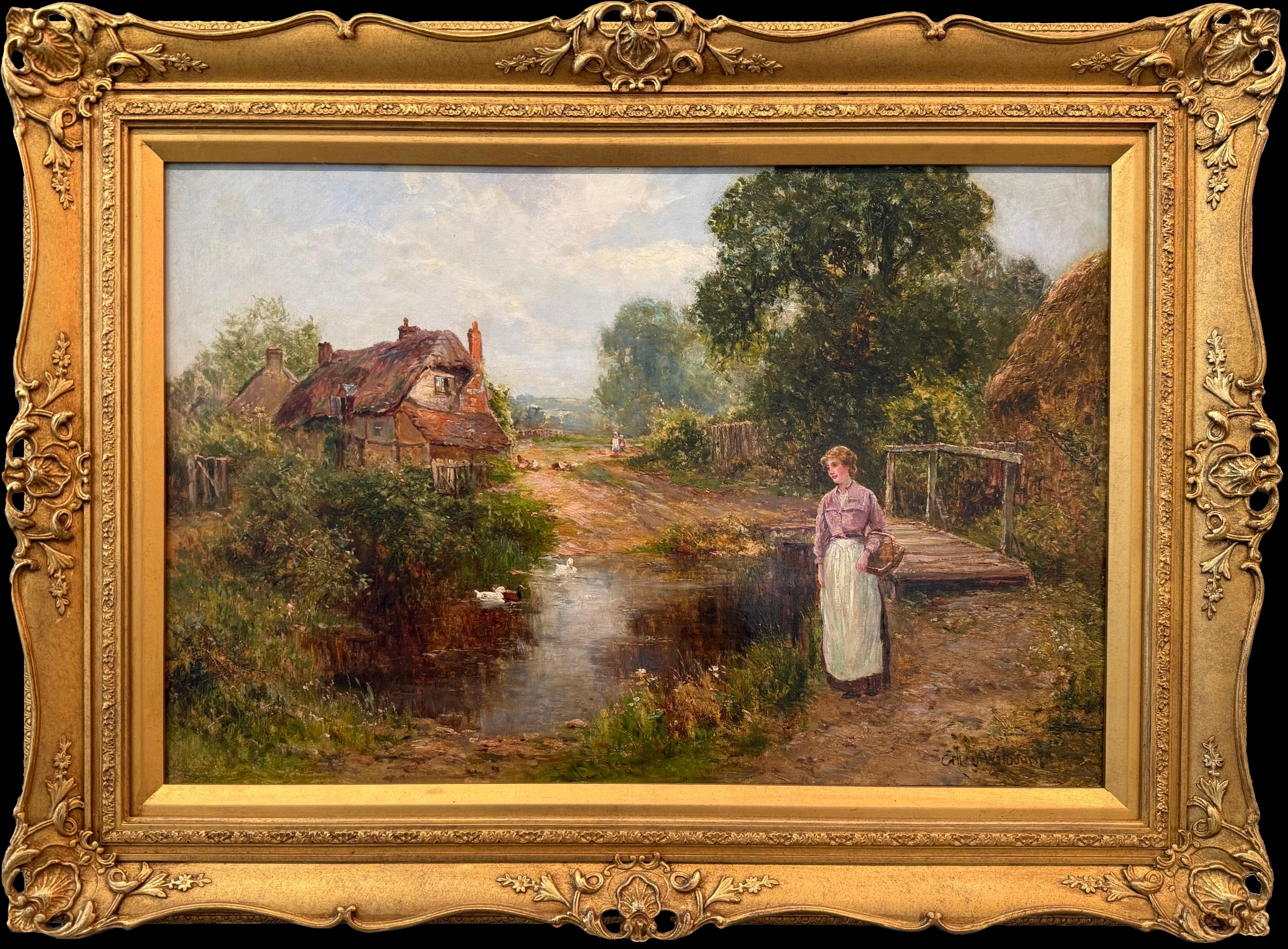 Watching the Ducks, Victorian Oil on Canvas, Signed, Late 19th Century