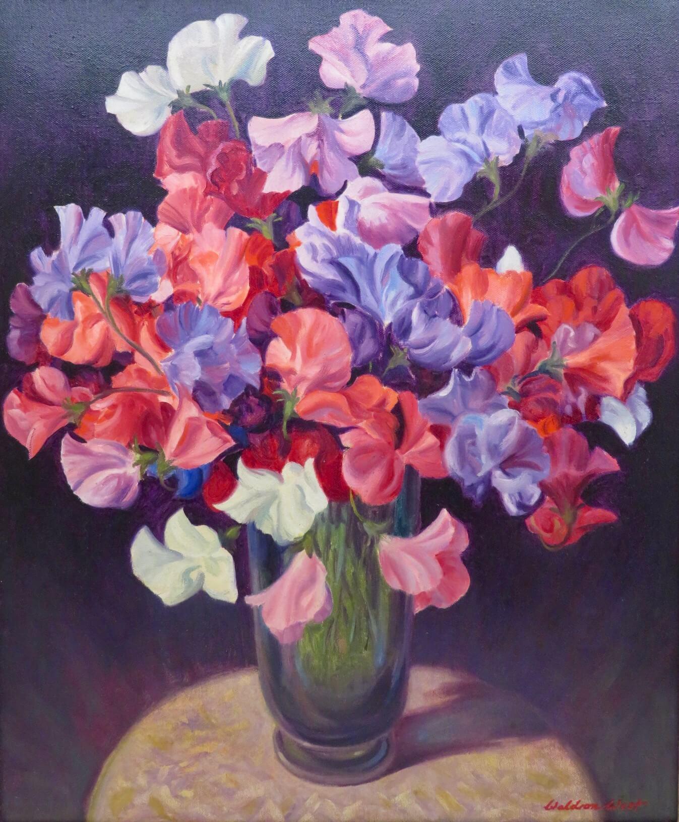 Striking English 20th Century still life oil painting of Sweet Peas flowers - Painting by Ernest Waldron West