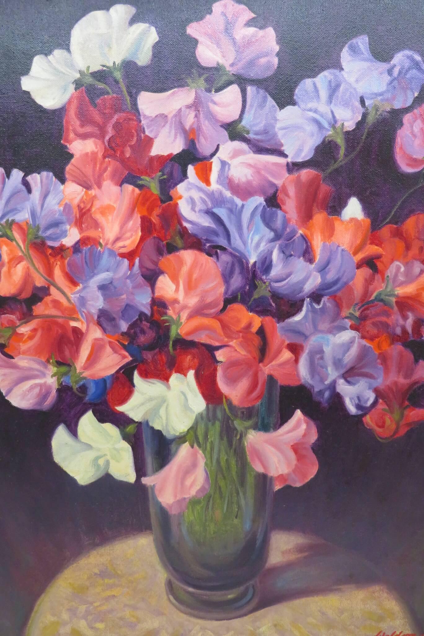 ARTIST: Ernest Waldron West (1904-1994) English
TITLE: ‘Still Life Of Sweet Peas”
SIGNED: lower right
MEDIUM: oil on canvas
SIZE: 75cm x 65cm inclusive of frame
CONDITION: excellent
DETAIL: Waldron West is perhaps best known for his portraits with a