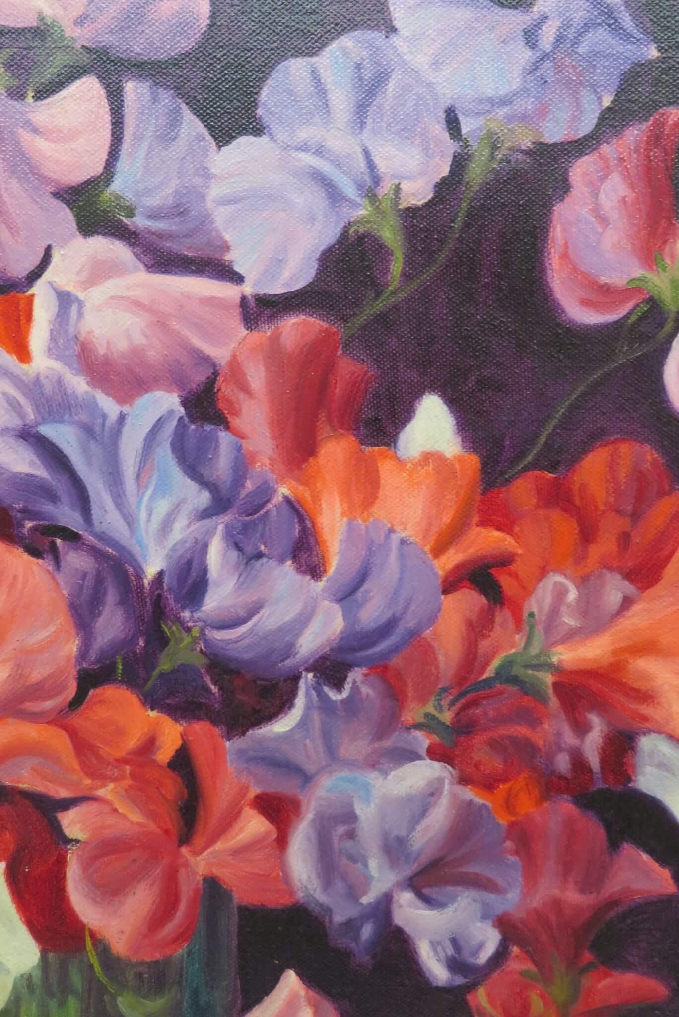 Striking English 20th Century still life oil painting of Sweet Peas flowers 1