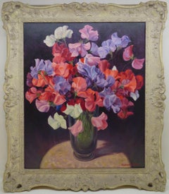 Striking English 20th Century still life oil painting of Sweet Peas flowers