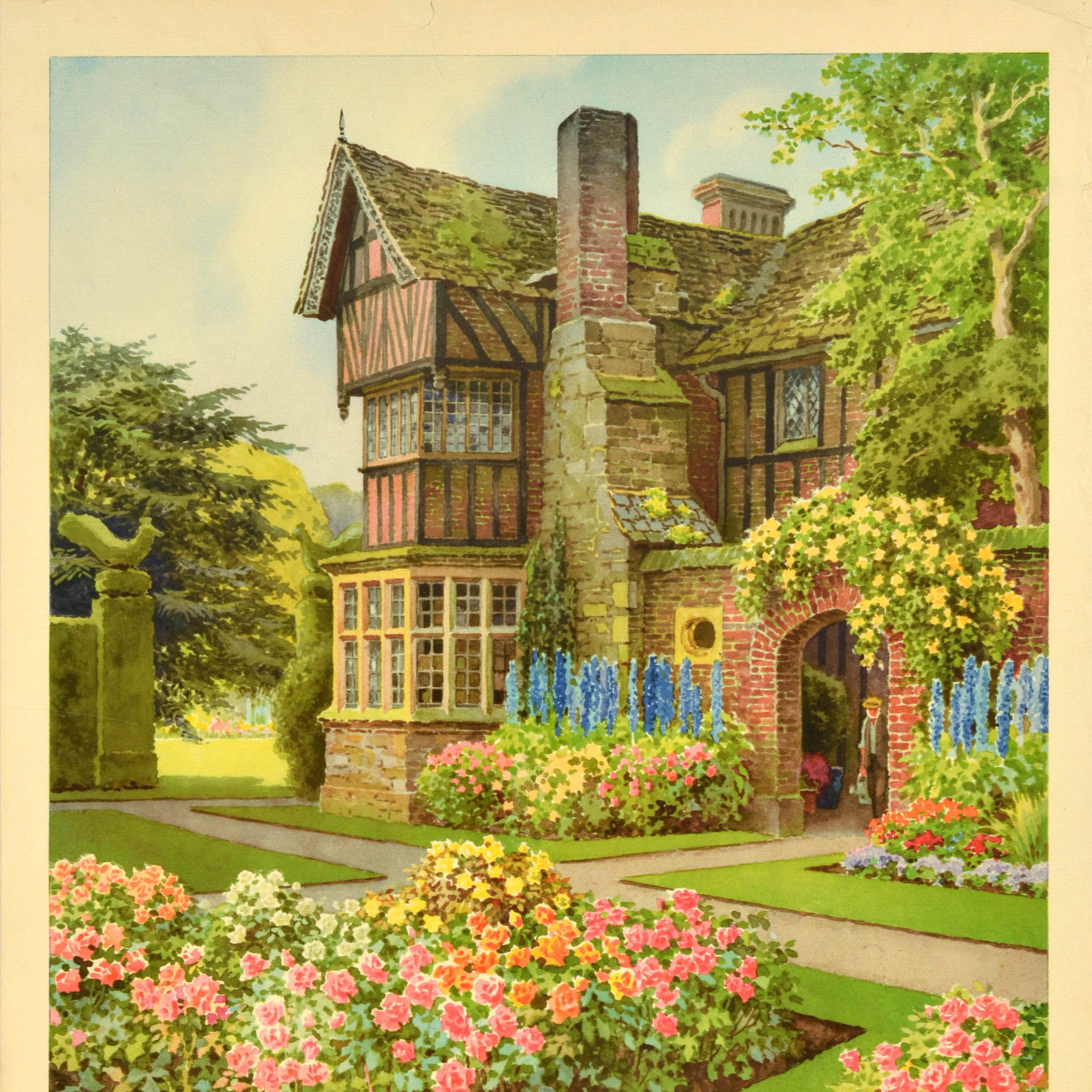Affiche de voyage vintage originale - Britain in Summer - présentant une superbe image du peintre aquarelliste Ernest William Haslehust (1866-1949) d'un manoir anglais traditionnel avec des parterres de fleurs colorés dans un jardin soigneusement