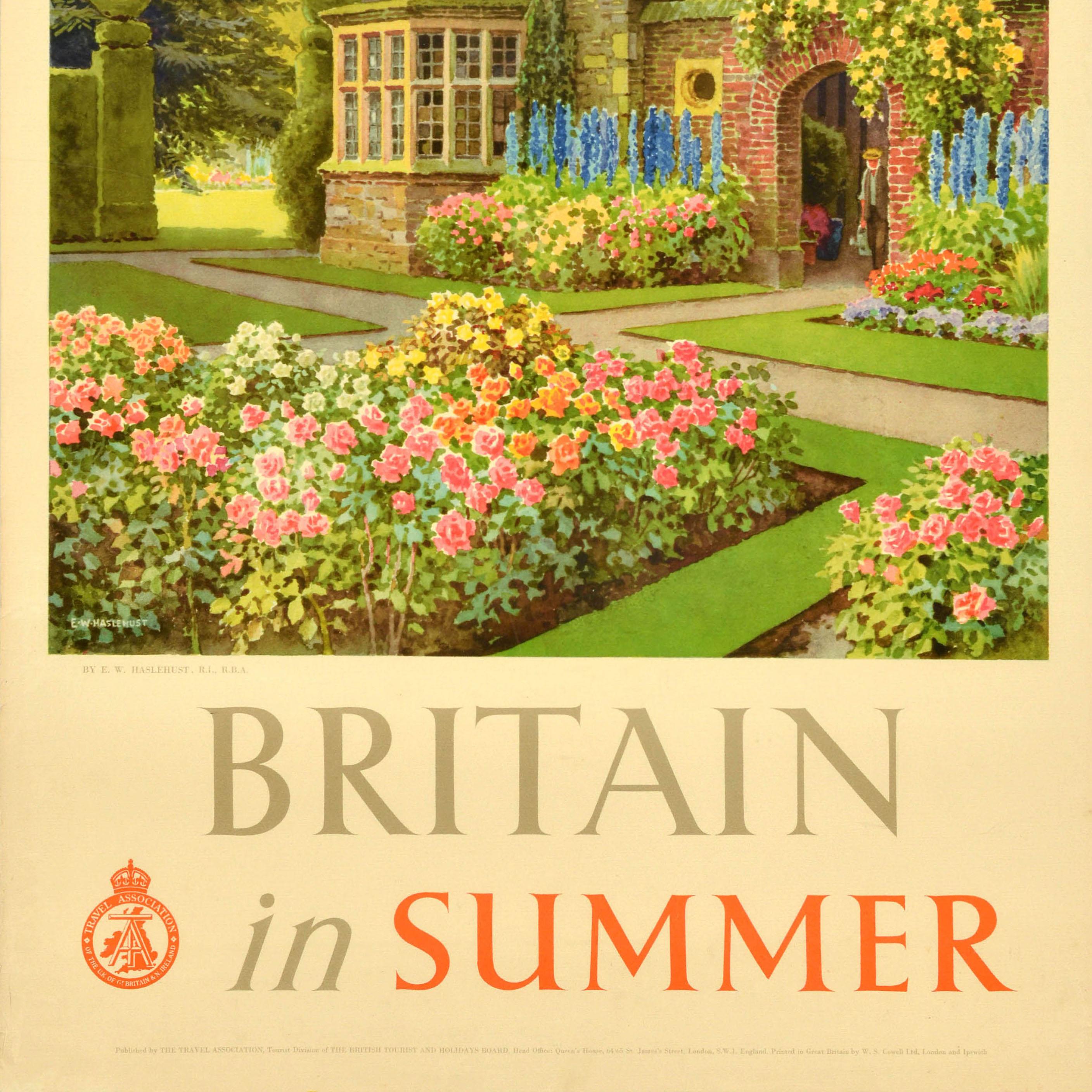 Original vintage travel poster - Britain in Summer - featuring a great image by the watercolour painter Ernest William Haslehust (1866-1949) of a traditional English country manor house with colourful flower beds in a neatly landscaped garden with
