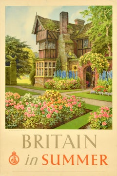 Affiche vintage originale de voyage Grande-Bretagne En été Manor Flower Garden Haslehust