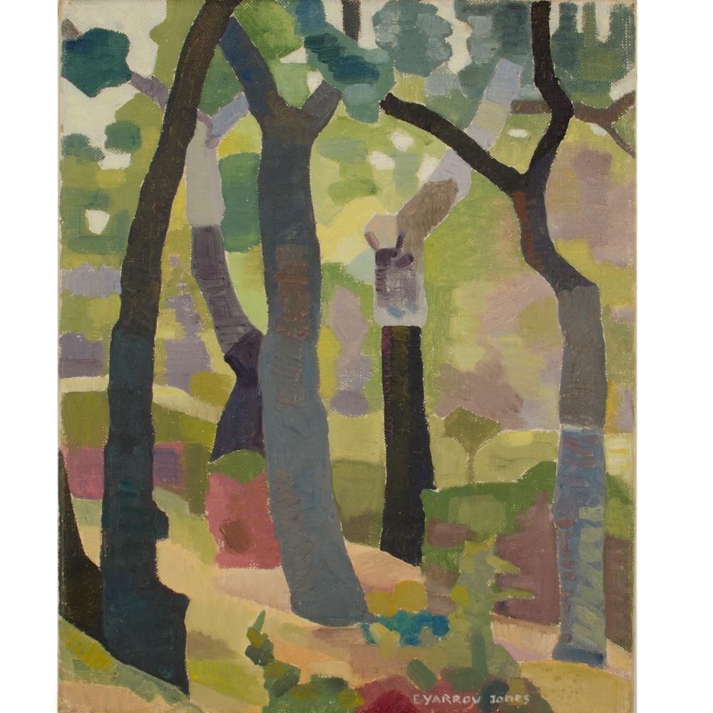 Mysterious woods, abstract forest with tree trunks
- Oil on canvas, signed lower right
- Unframed.