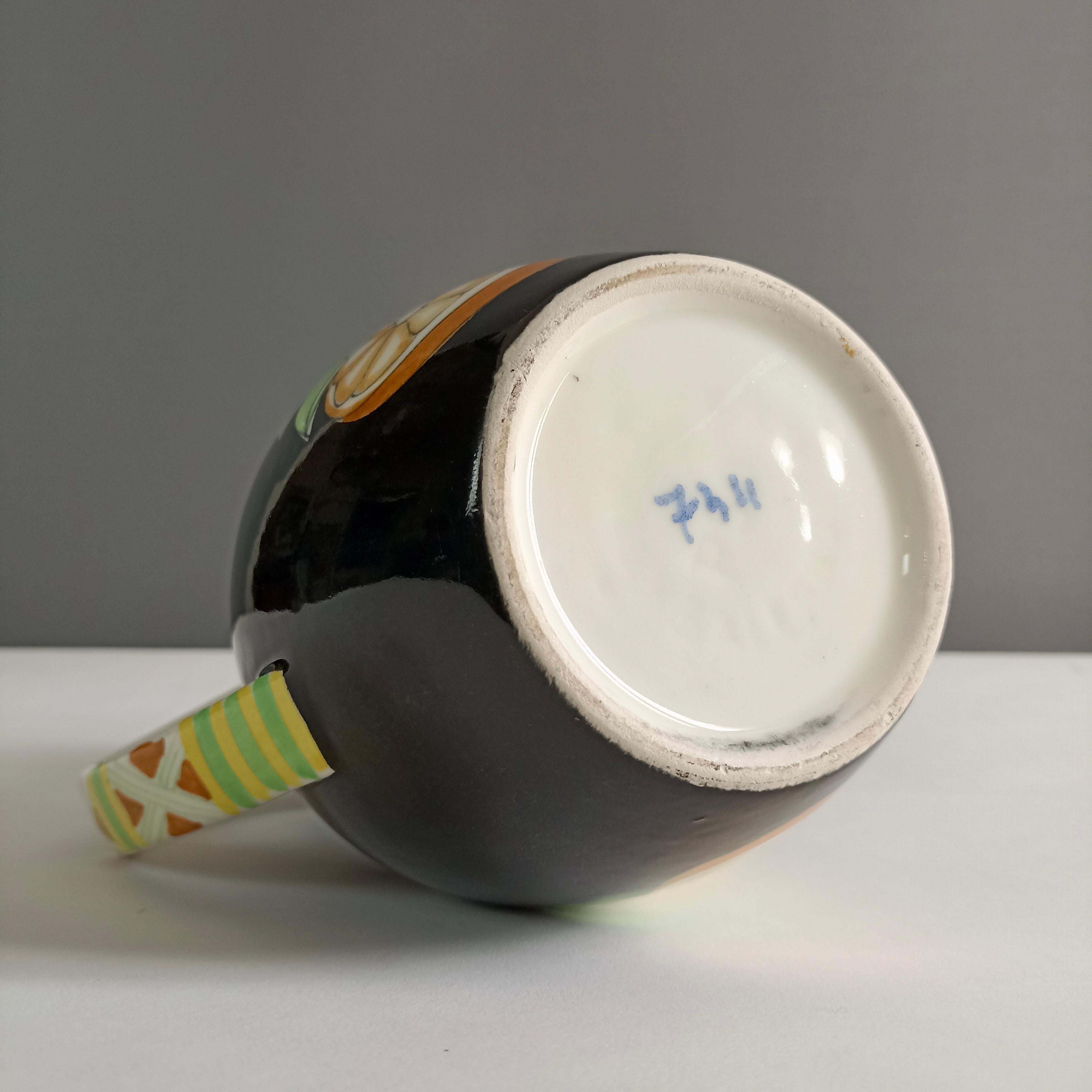 Ernestine Ceramics attributable 50s rare hand-painted majolica jug with citrus. For Sale 4