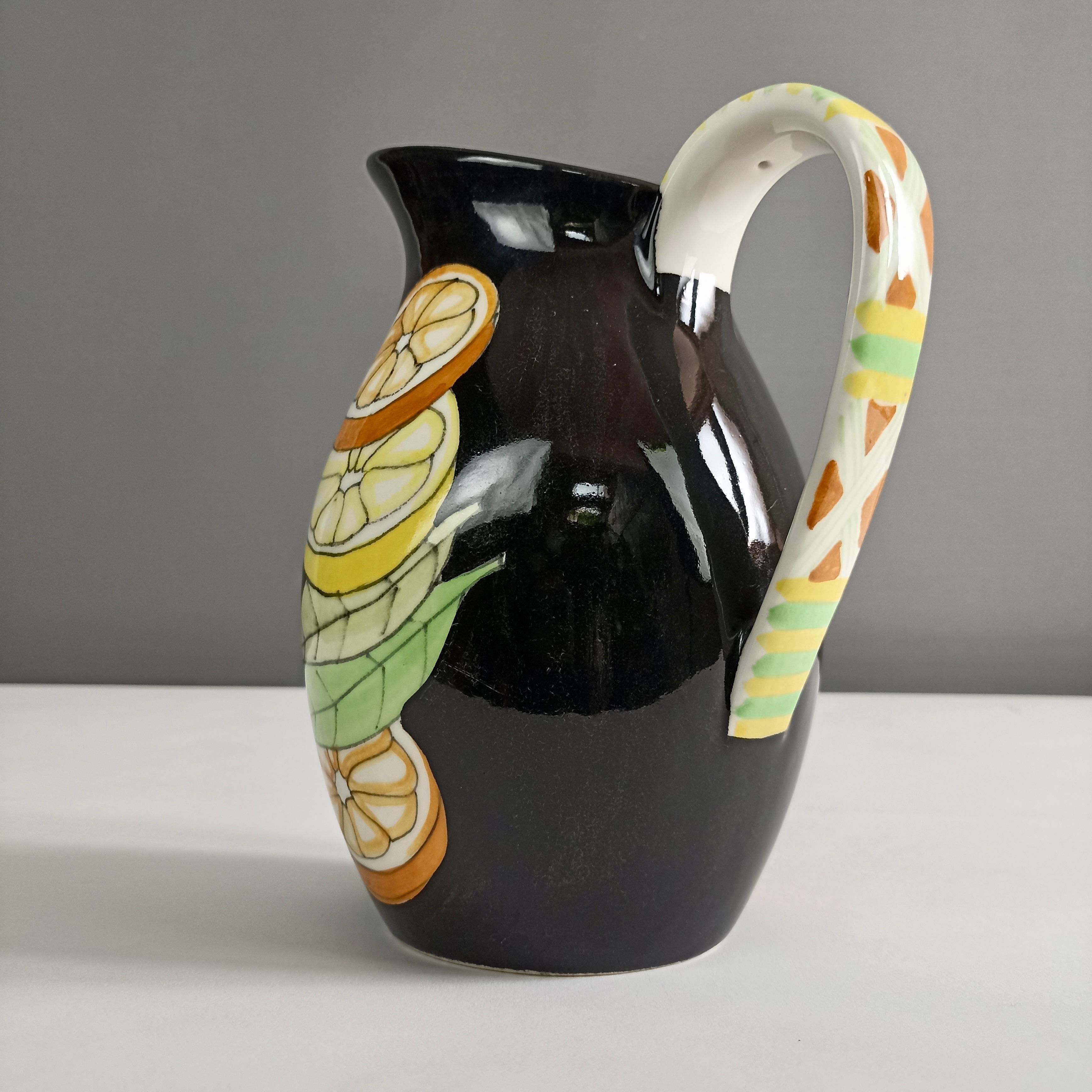 Italian Ernestine Ceramics attributable 50s rare hand-painted majolica jug with citrus. For Sale