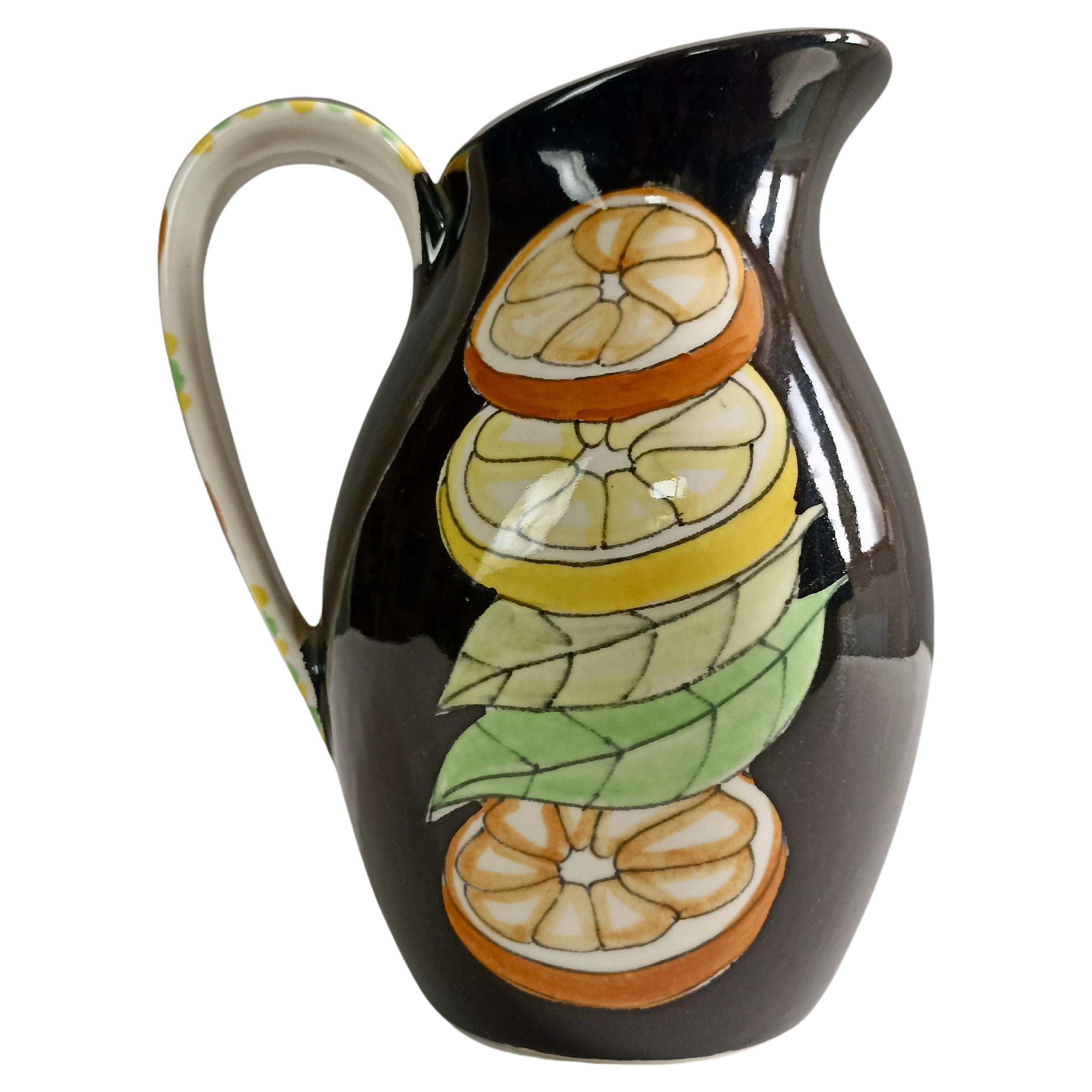 Ernestine Ceramics attributable 50s rare hand-painted majolica jug with citrus. For Sale