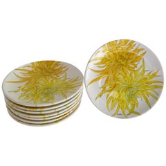 Retro Ernestine Ceramics, Salerno, Italy Chrysanthemum Luncheon Plates Set 8, 1950s