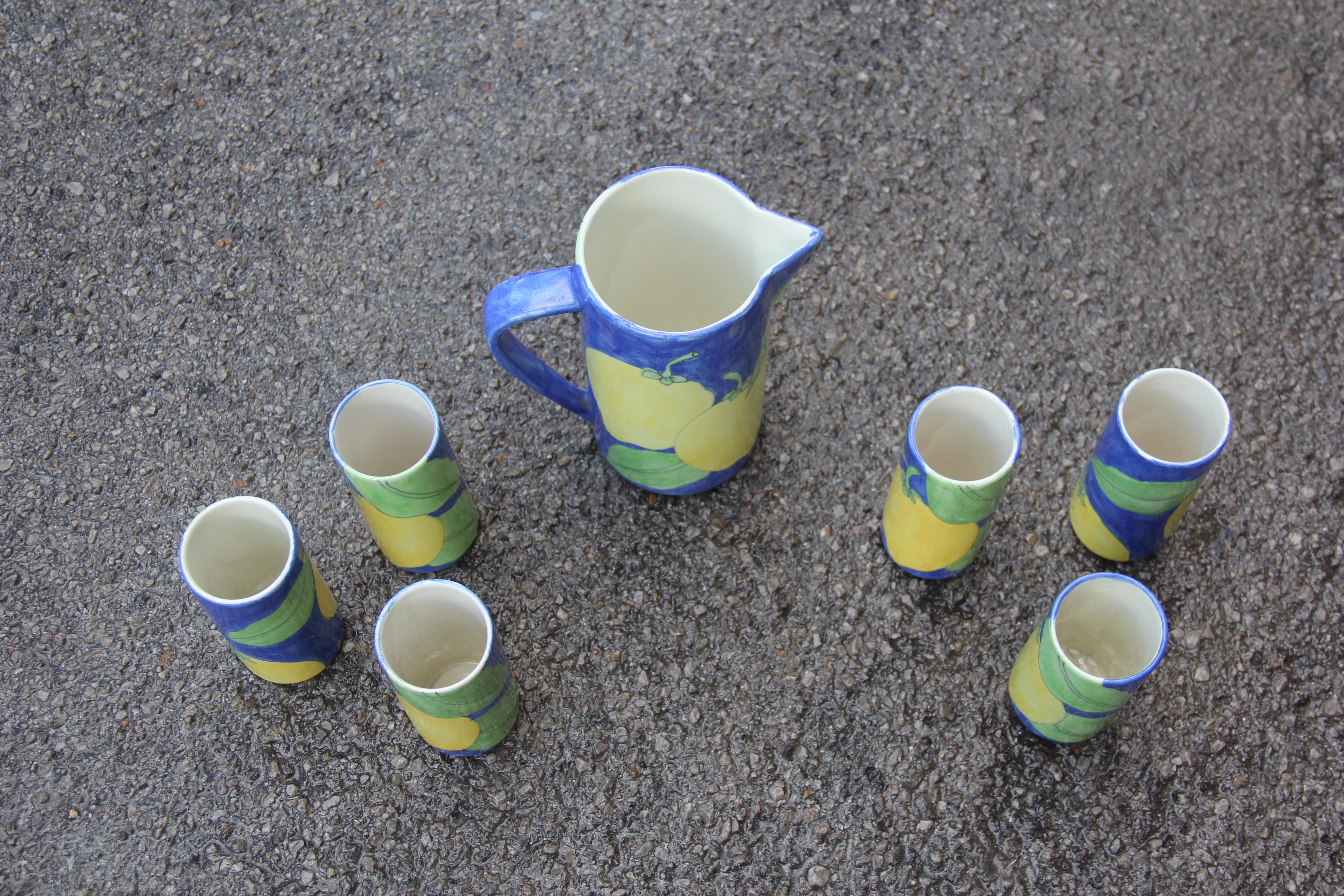 Ernestine Italian Design 1950 Ceramic Water Service in Yellow Blue Color Lemons For Sale 4