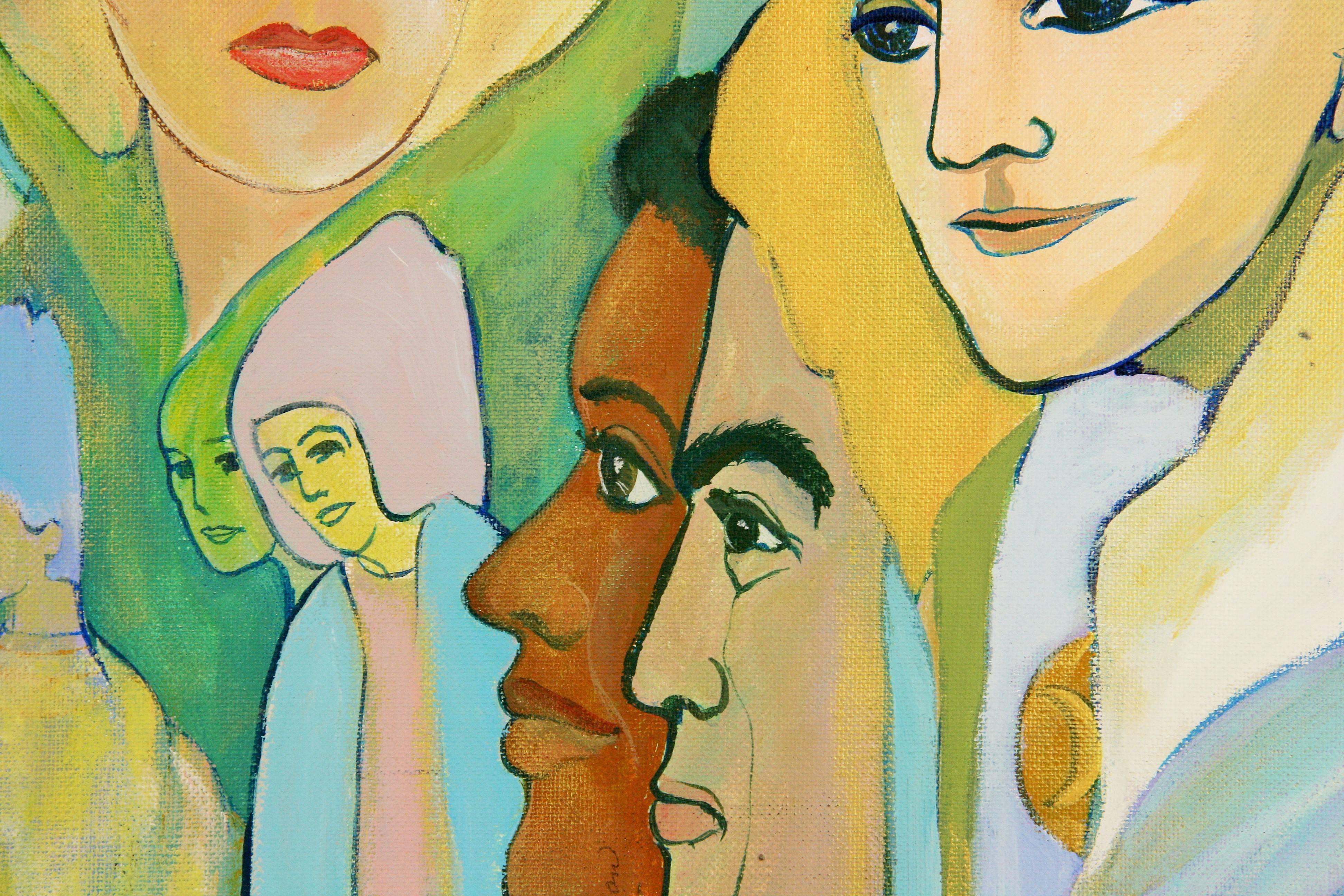 Pintura Figurativa Femenina Moderna Acrílico Rostros de Mujer 1970 - Abstract Painting Beige de Ernestine Madaleine
