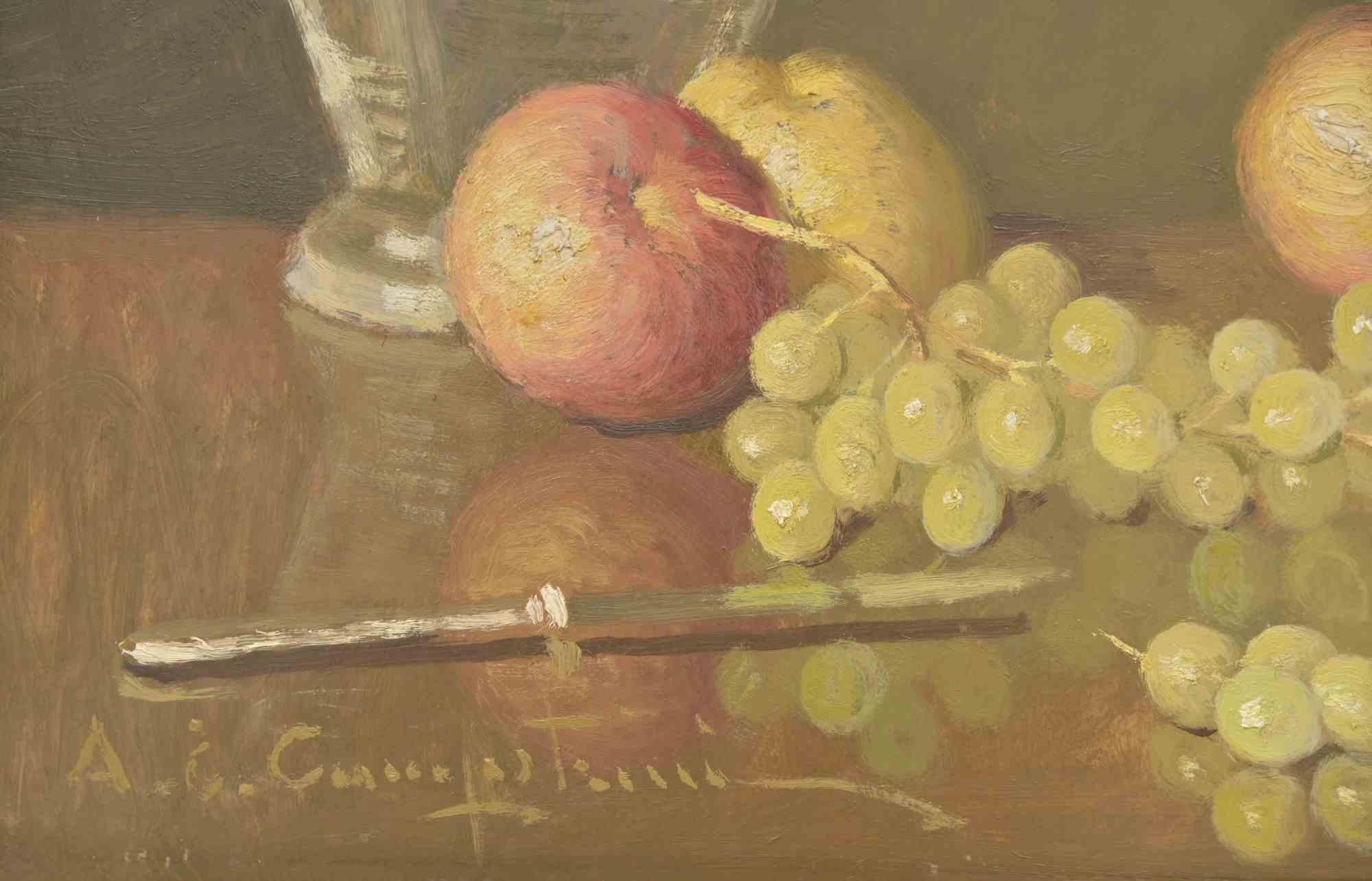 Still Life - Oil on Table by Ernesto Alcide Campestrini - Mid-20th Century For Sale 1