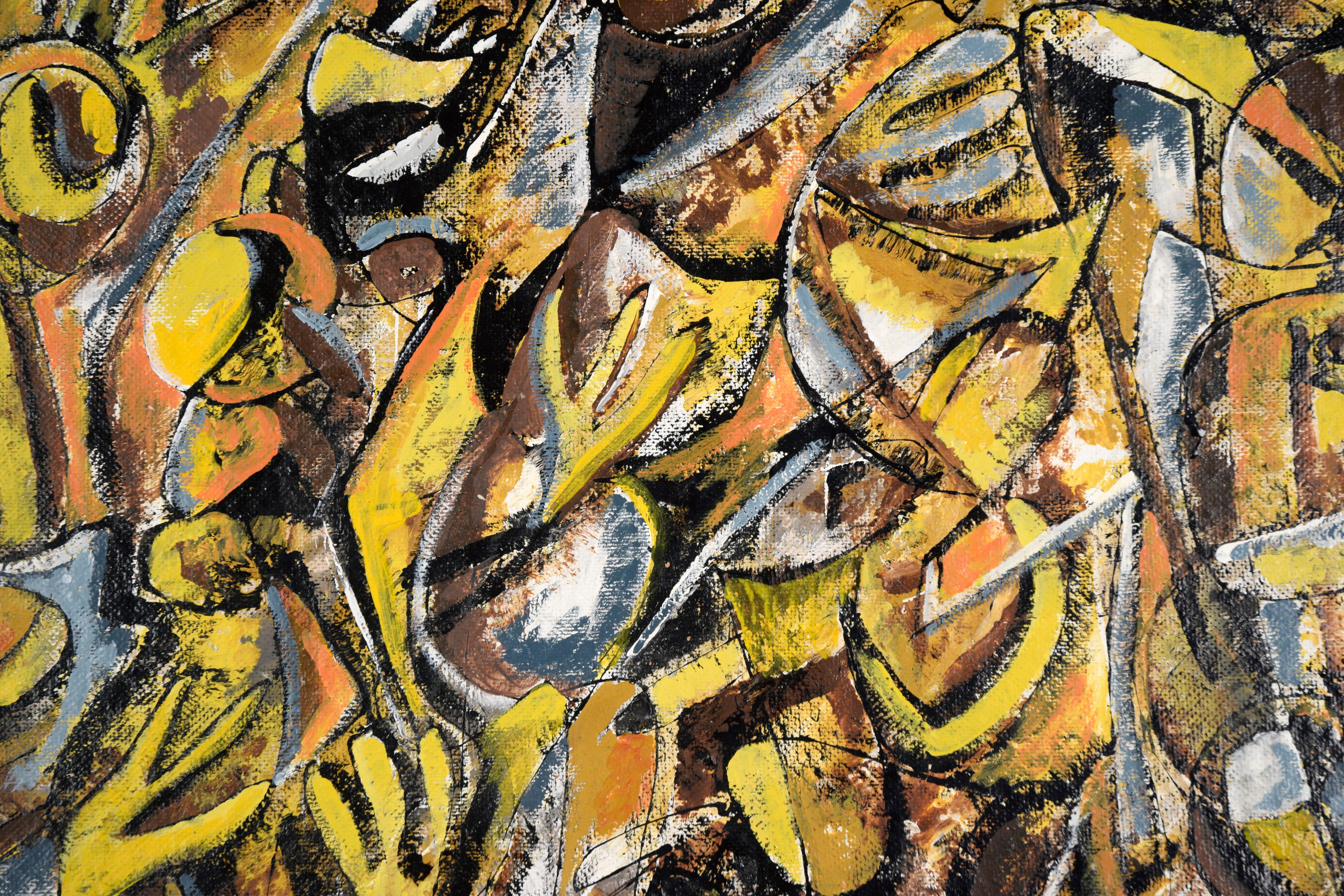 Mexican Modernist Oil Painting - Double Sided Abstract Figures and Buildings For Sale 7