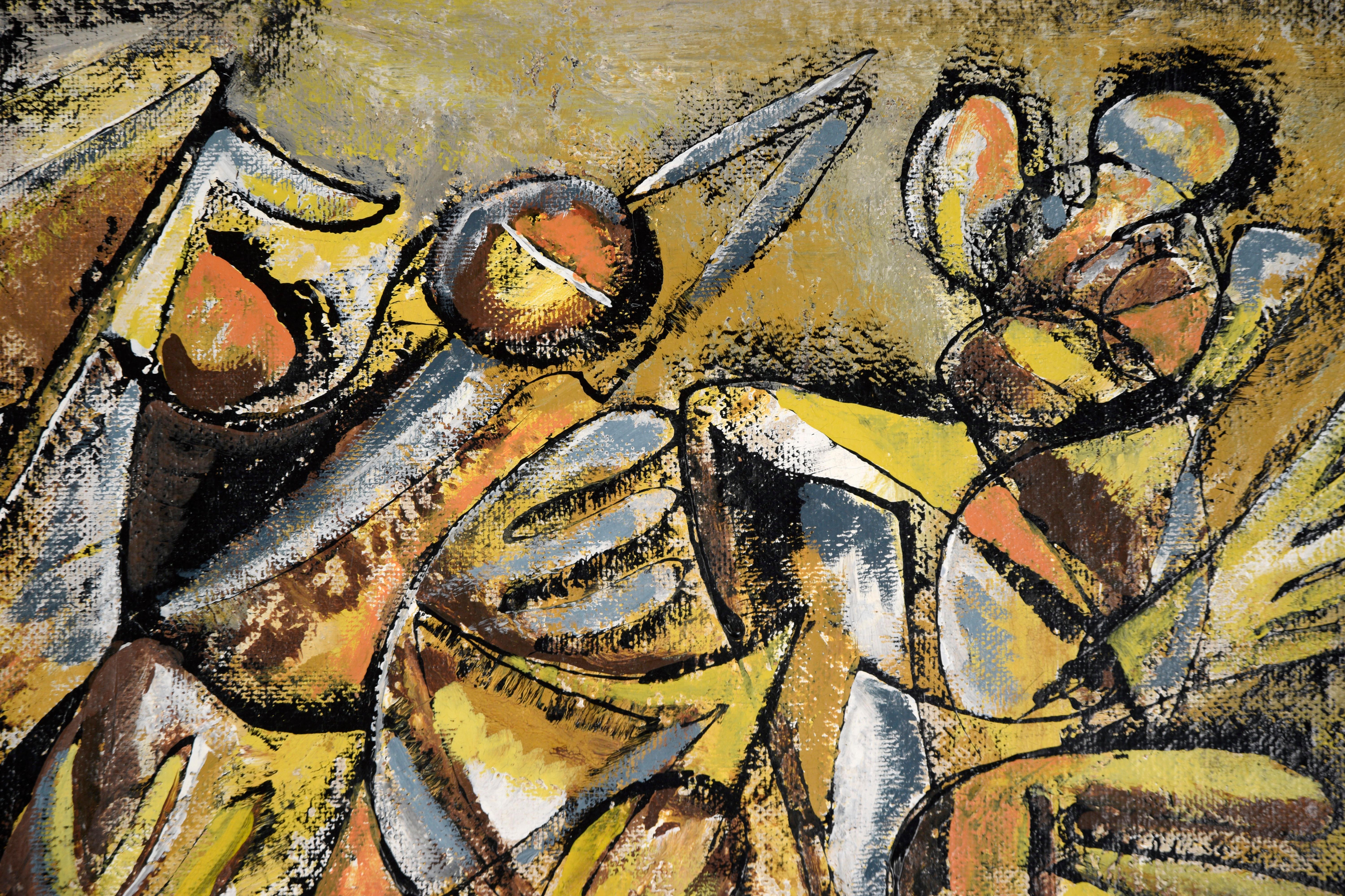 Mexican Modernist Oil Painting - Double Sided Abstract Figures and Buildings For Sale 8