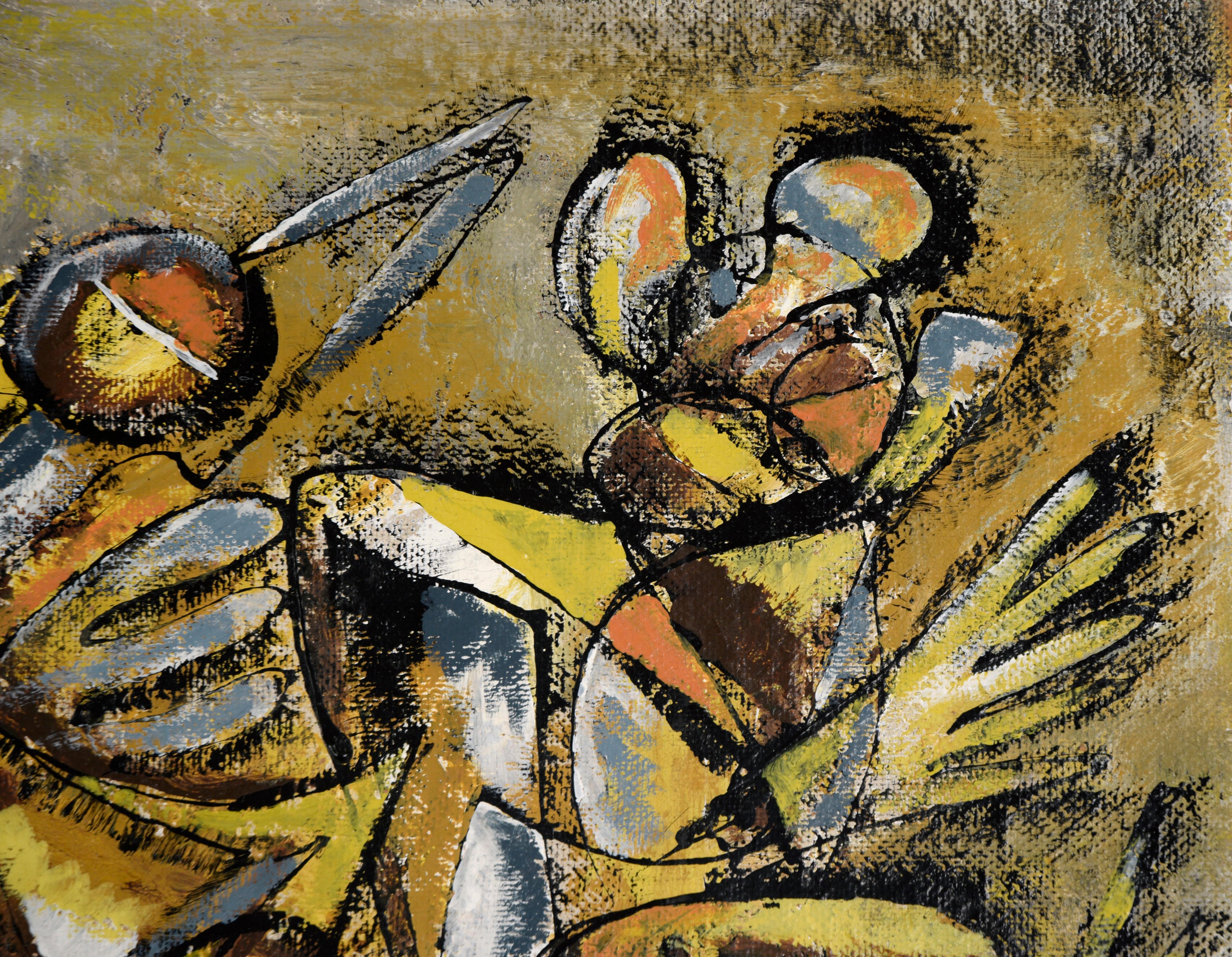 Mexican Modernist Oil Painting - Double Sided Abstract Figures and Buildings For Sale 9