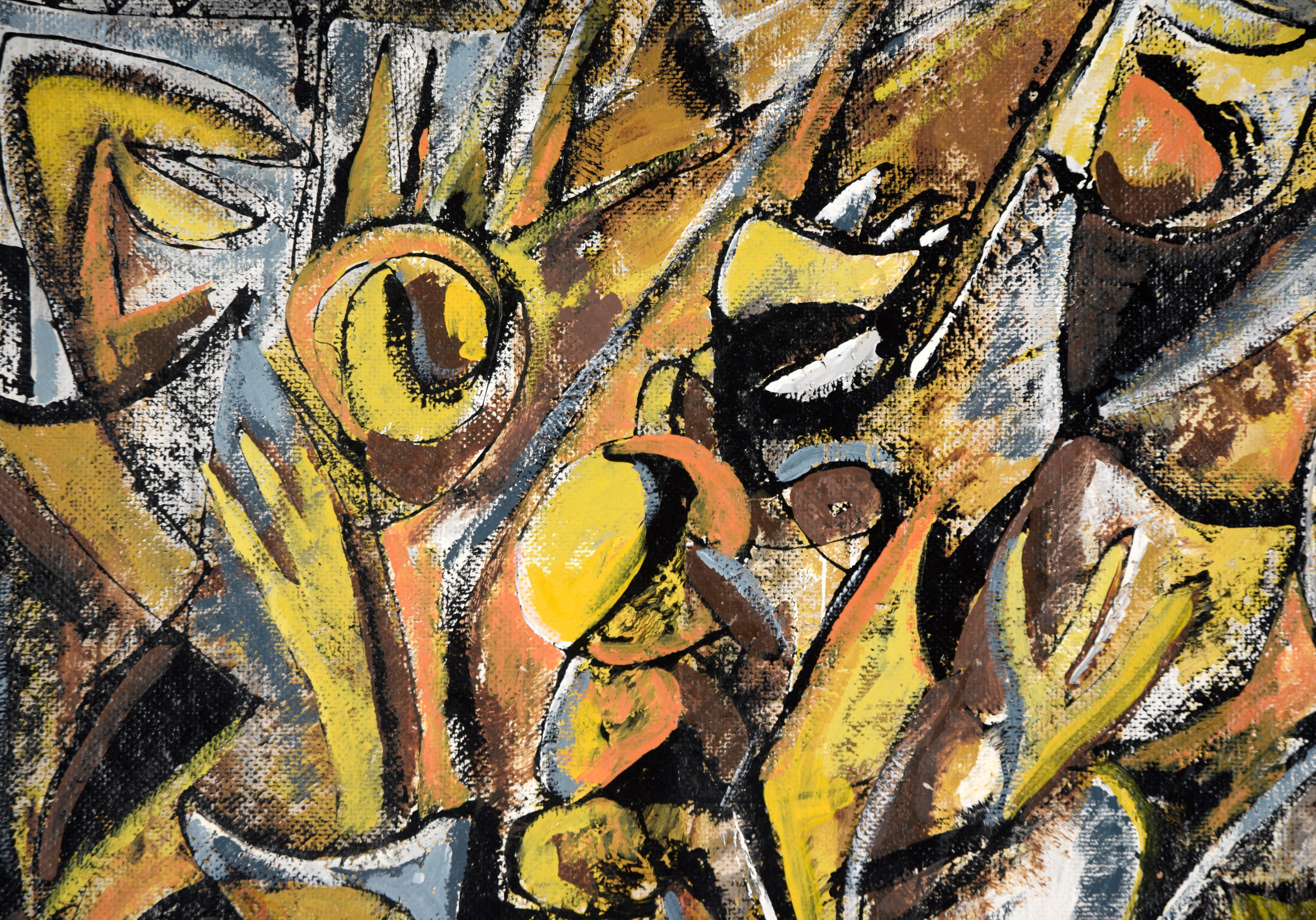 Mexican Modernist Oil Painting - Double Sided Abstract Figures and Buildings For Sale 10