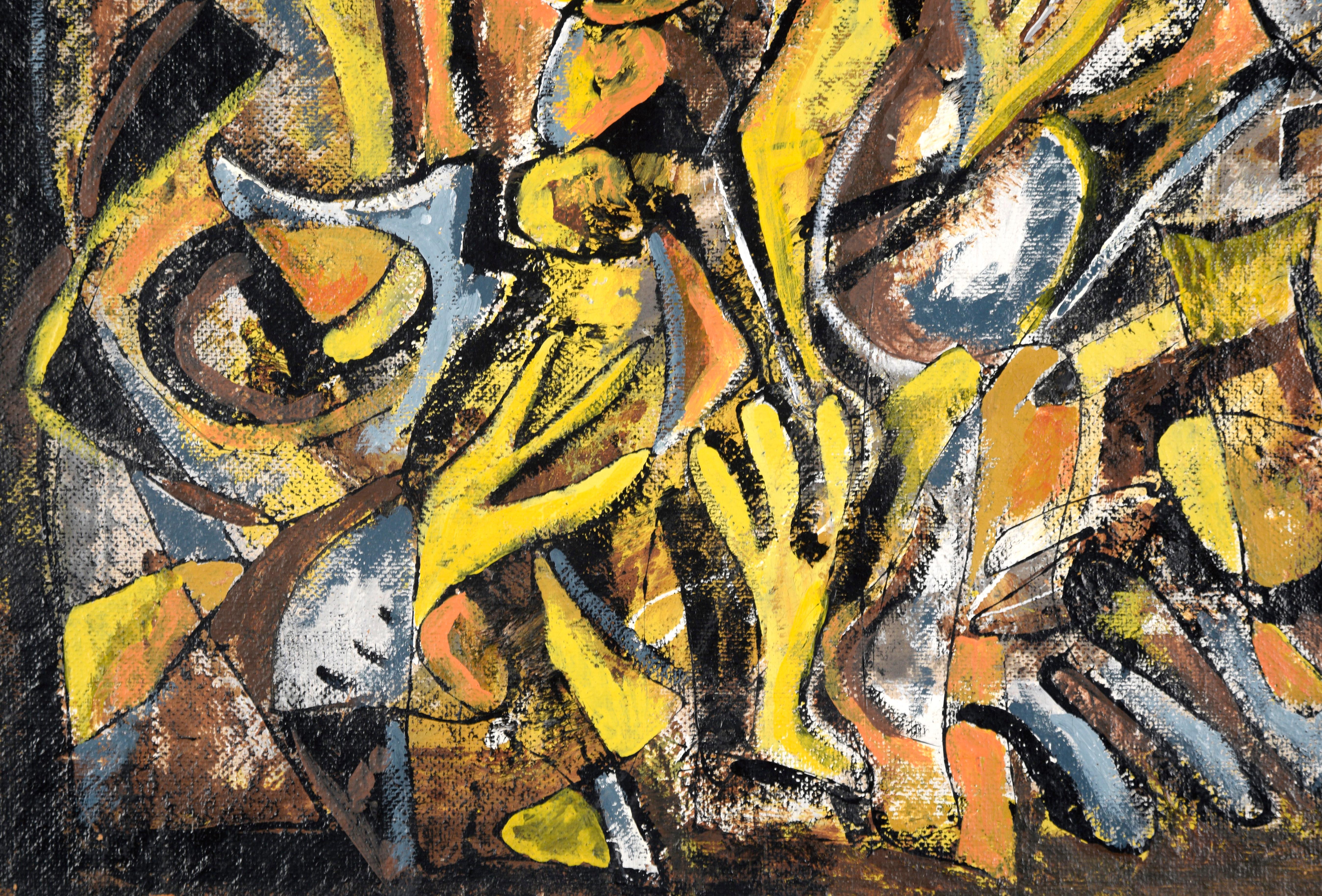 Mexican Modernist Oil Painting - Double Sided Abstract Figures and Buildings For Sale 11