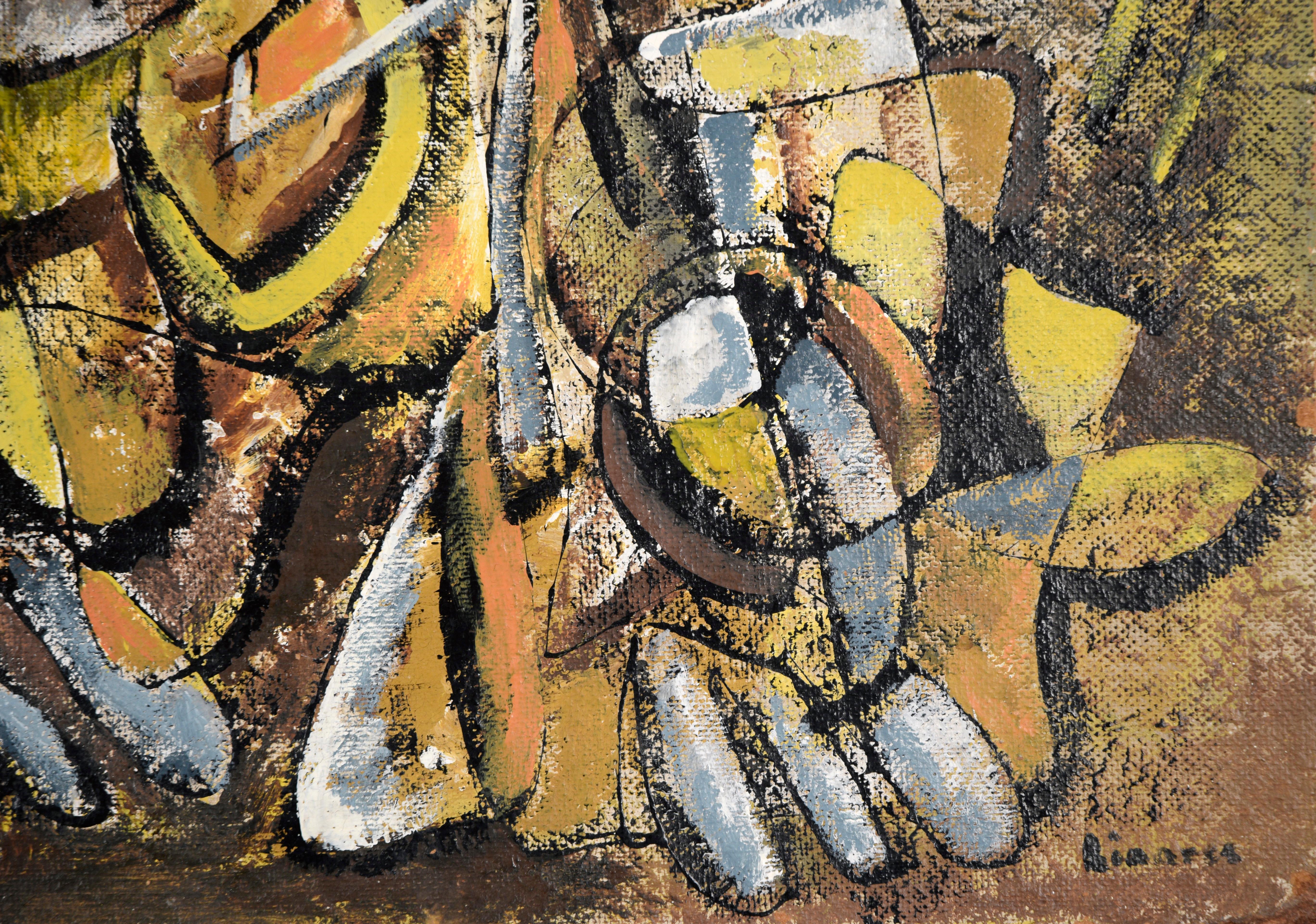 Mexican Modernist Oil Painting - Double Sided Abstract Figures and Buildings For Sale 12