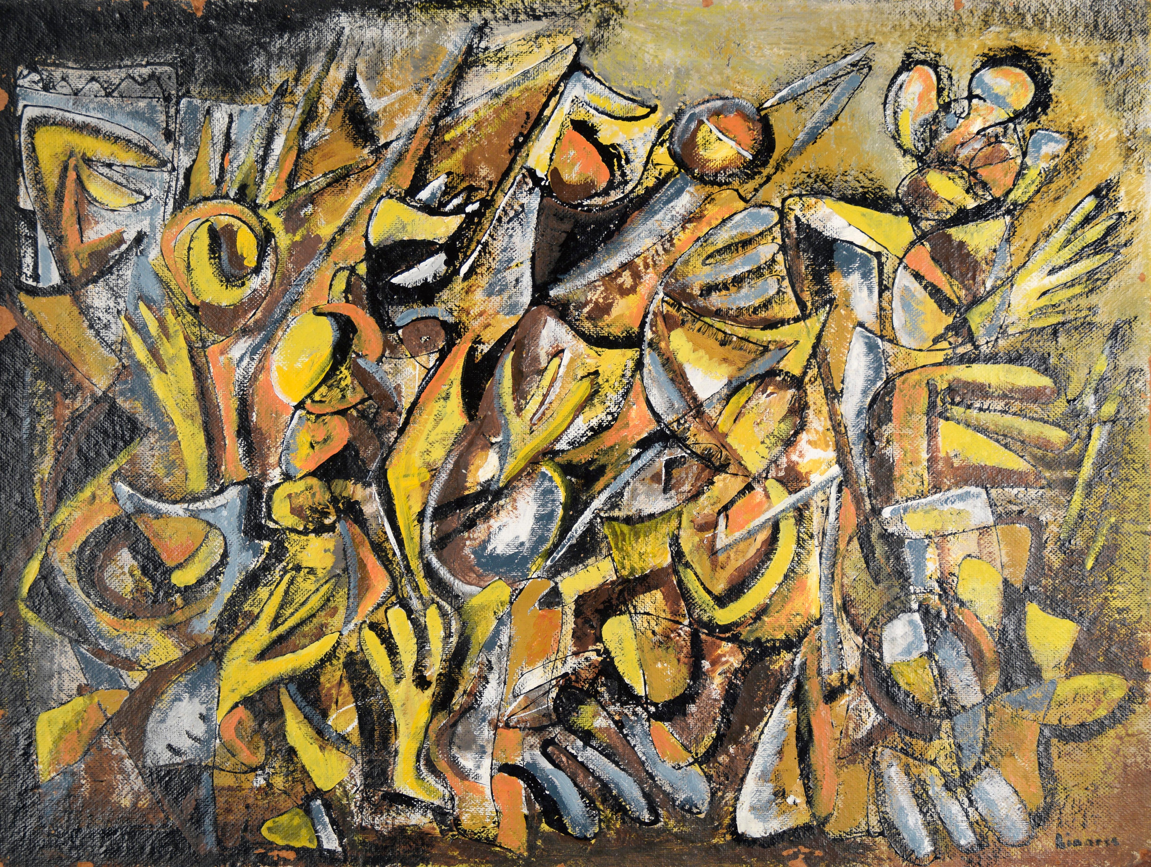 Mexican Modernist Oil Painting - Double Sided Abstract Figures and Buildings - Brown Abstract Painting by Ernesto Butterlin Linares