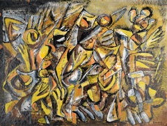 Mexican Modernist Oil Painting - Double Sided Abstract Figures and Buildings