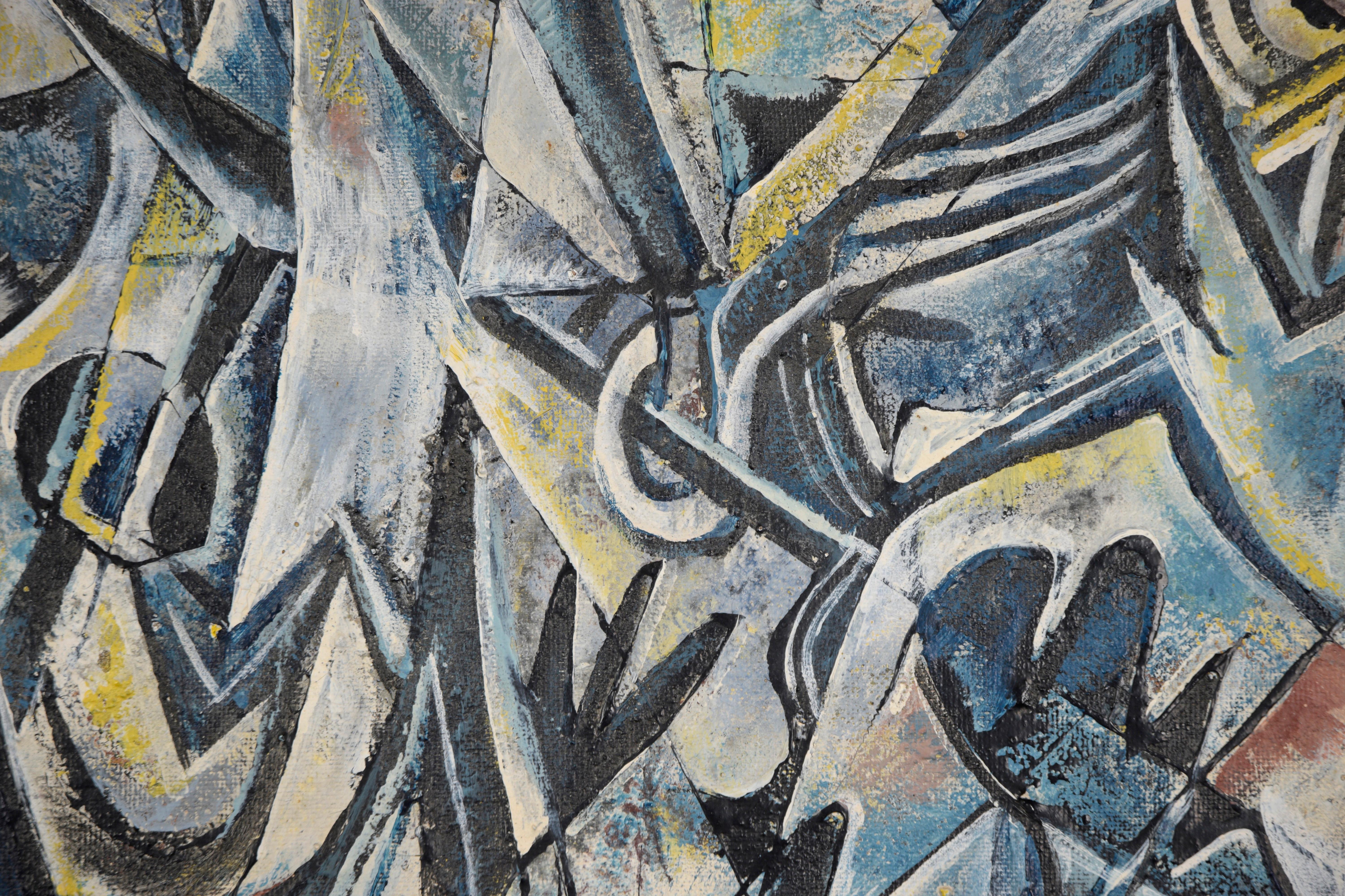 Mexican Modernist Oil Painting - Double Sided Abstract Figures and Buildings

Dynamic abstract pieces by Ernesto Butterlin, aka Linares, (Mexican, German b. 1917 d. 1964.) The front side is rendered in deep blues and greys with white glowing