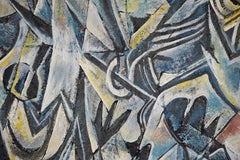 Pittura ad olio modernista messicana - Figure astratte ed edifici su due lati