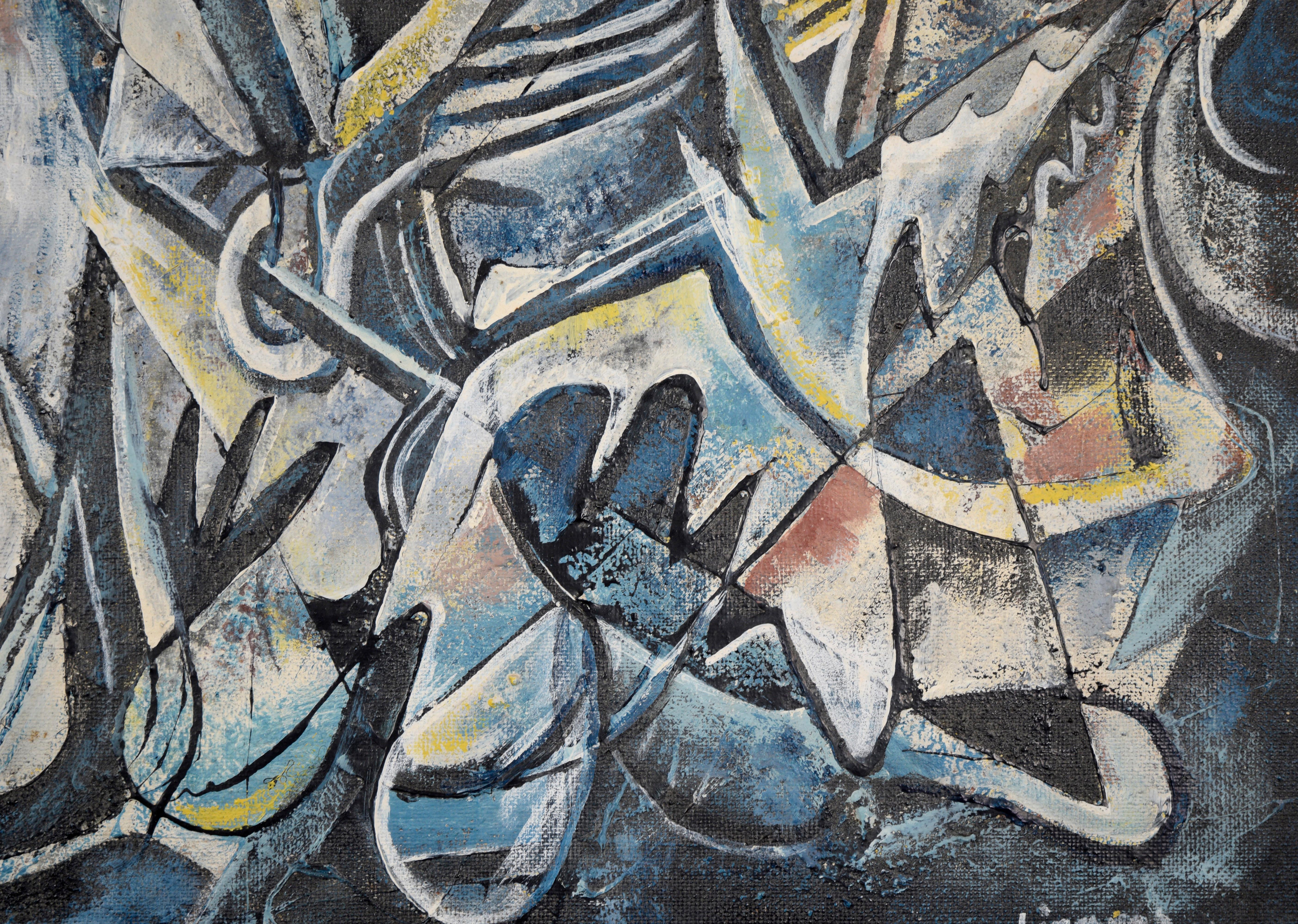 Mexican Modernist Oil Painting - Double Sided Abstract Figures and Buildings For Sale 1