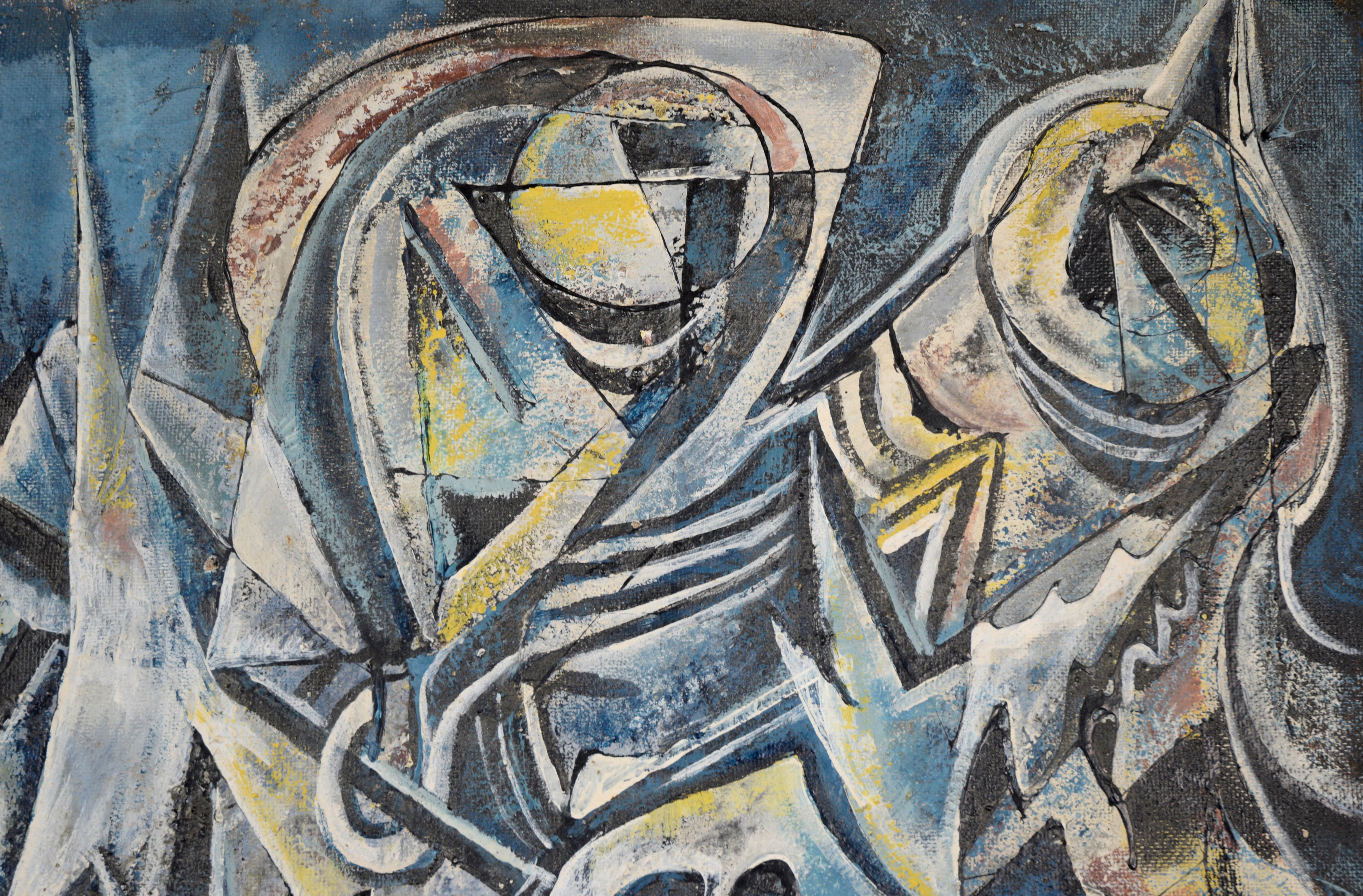 Mexican Modernist Oil Painting - Double Sided Abstract Figures and Buildings For Sale 2