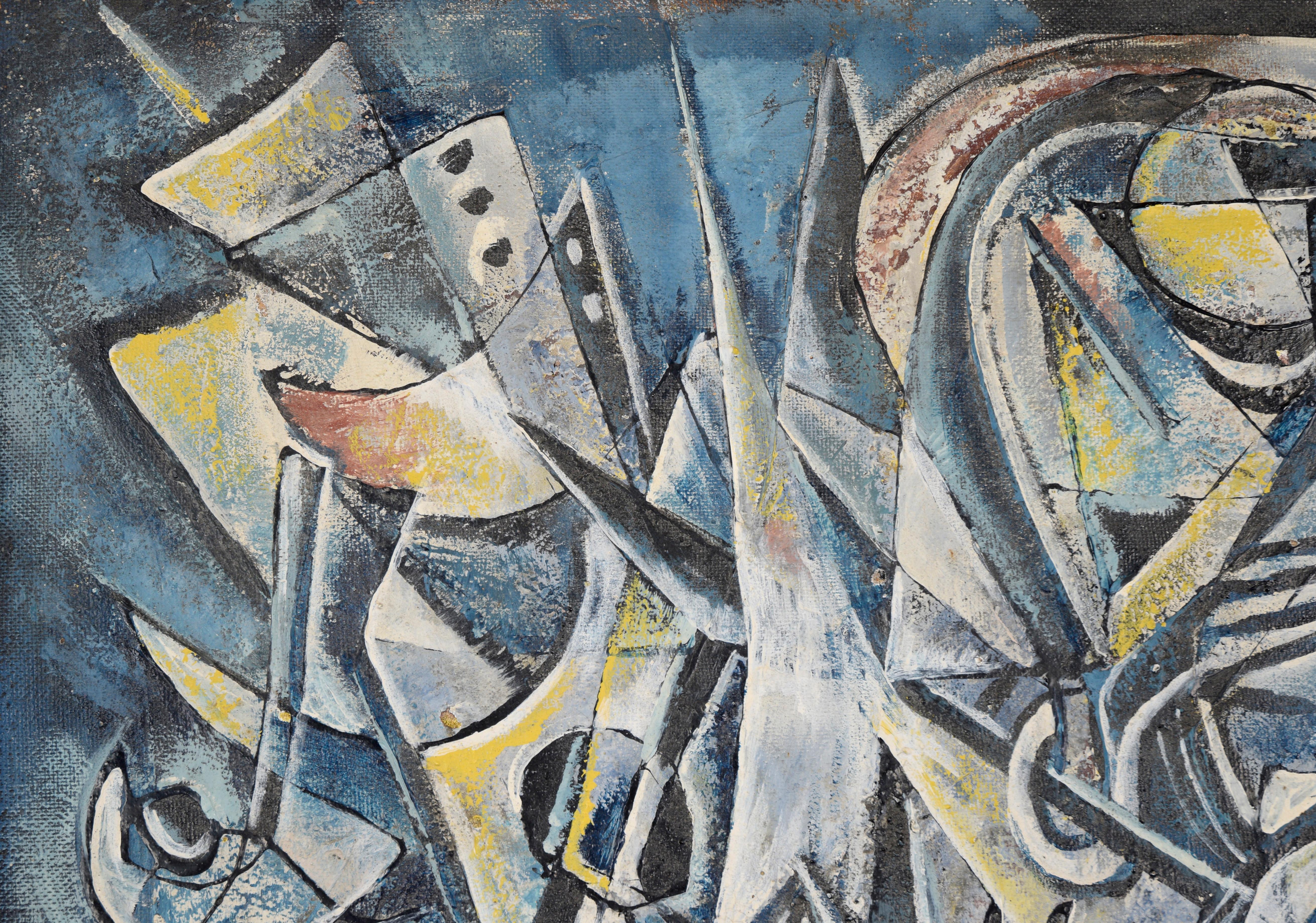 Mexican Modernist Oil Painting - Double Sided Abstract Figures and Buildings For Sale 3