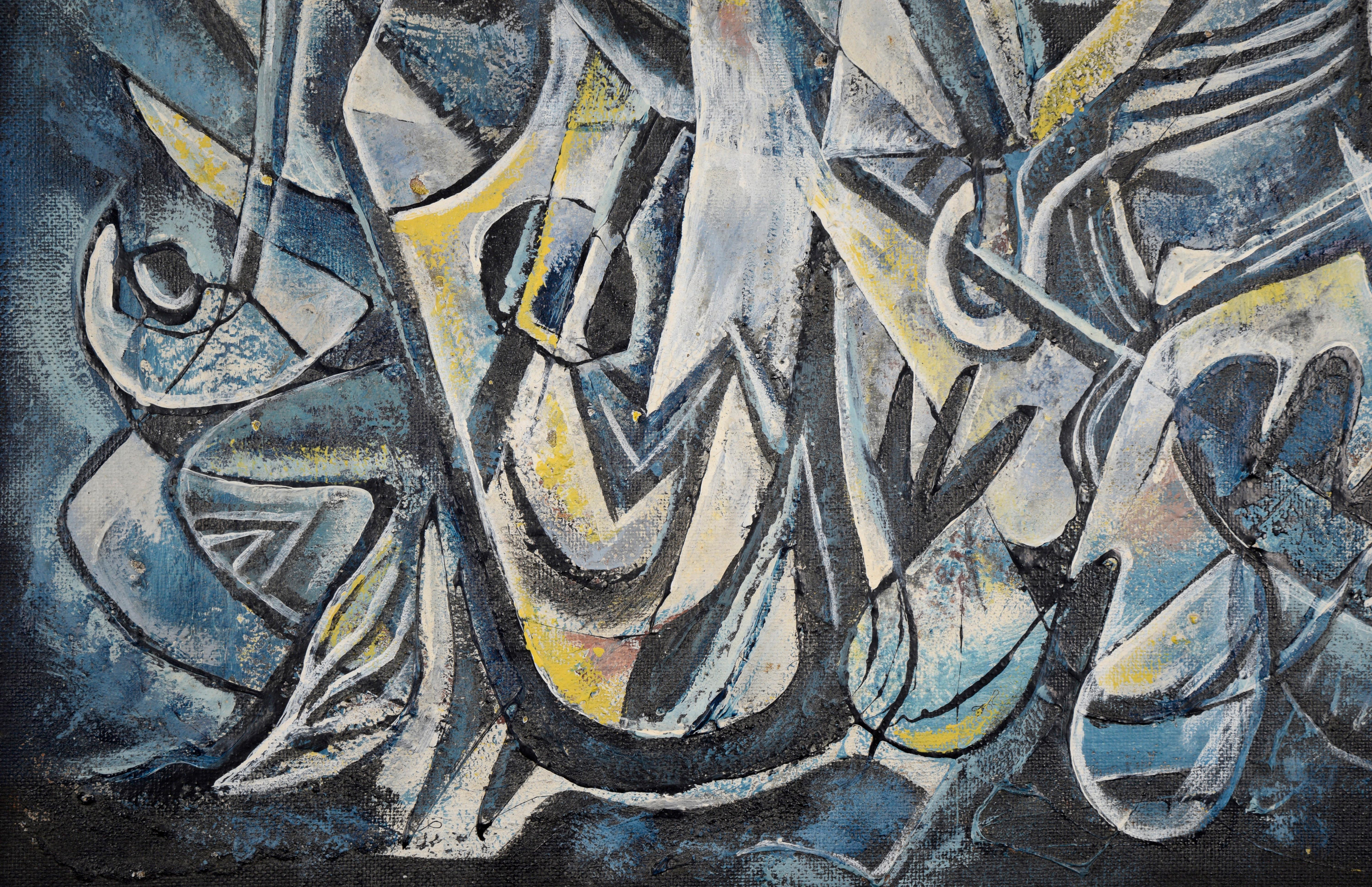 Mexican Modernist Oil Painting - Double Sided Abstract Figures and Buildings For Sale 4