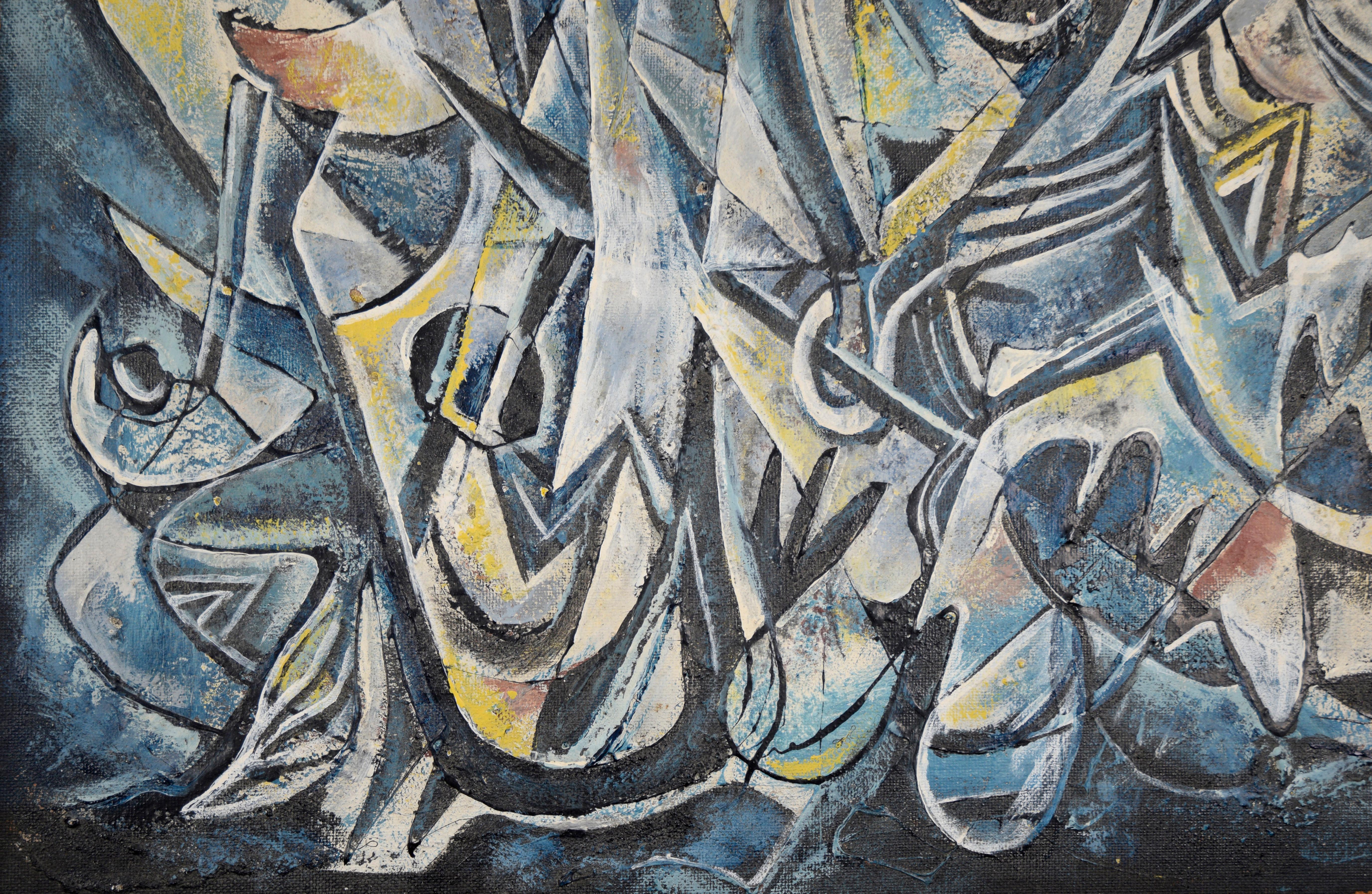 Mexican Modernist Oil Painting - Double Sided Abstract Figures and Buildings For Sale 5