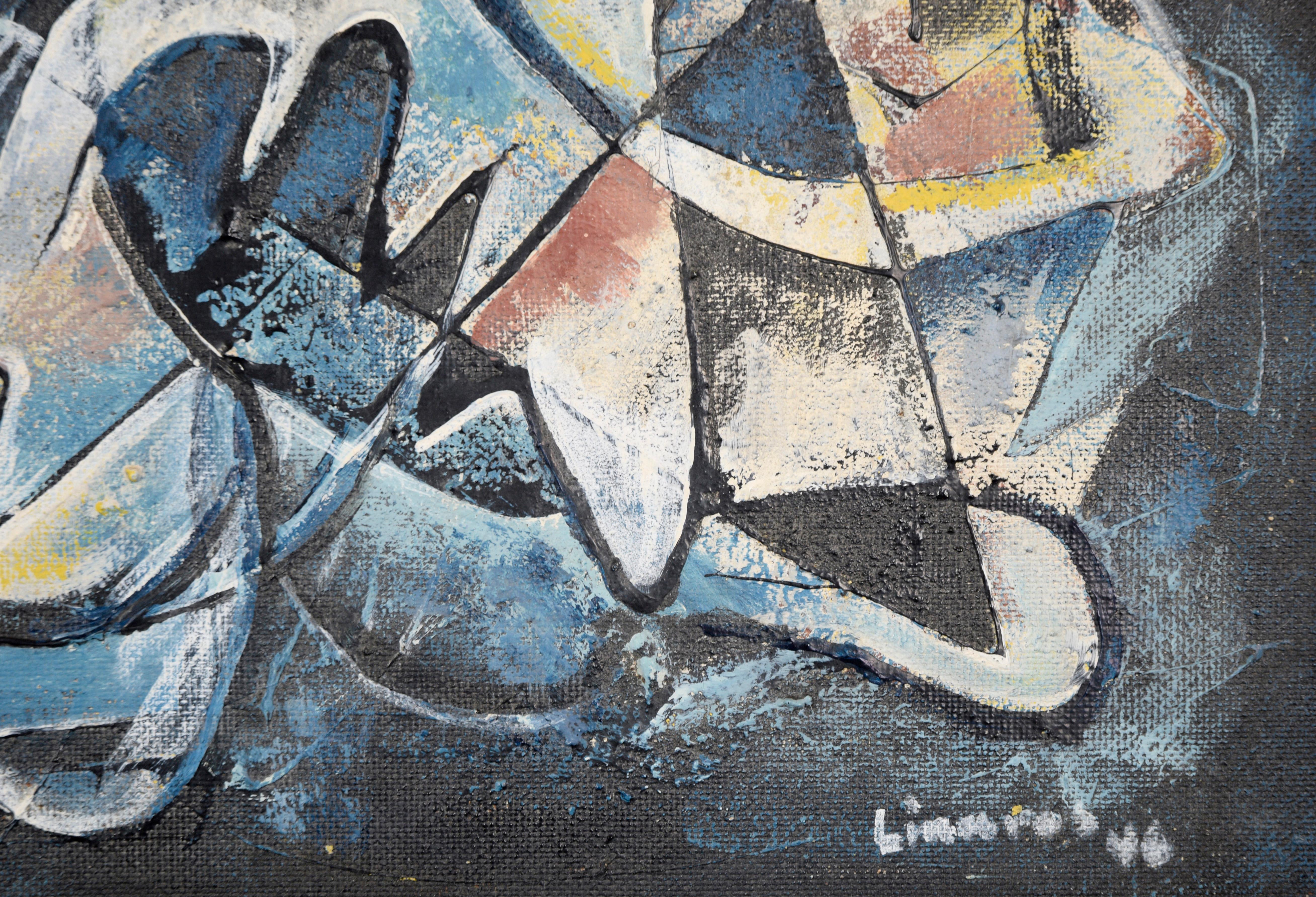 Mexican Modernist Oil Painting - Double Sided Abstract Figures and Buildings For Sale 6