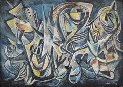 Mexican Modernist Oil Painting - Double Sided Abstract Figures and Buildings
