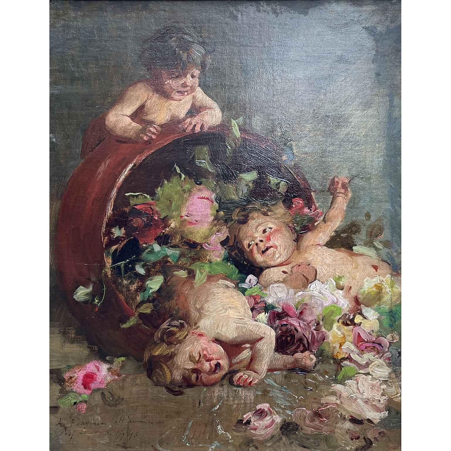 Ernesto Fontana 1893 Painting With Cupids Between the Two Litigants The Third Gode For Sale 2