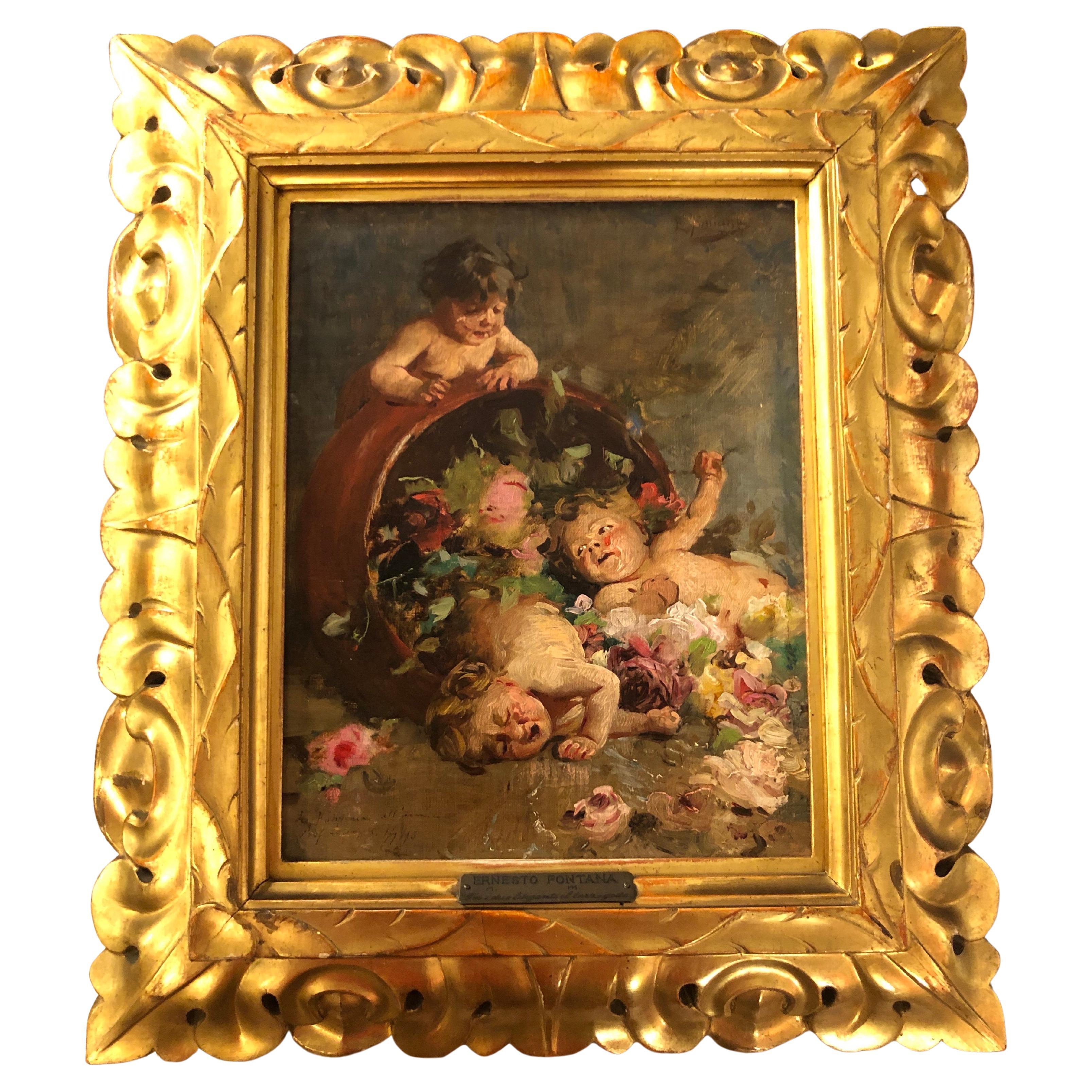 Original 19th-century Italian painting of children playing by Ernesto Fontana titled Tra i Due Litiganti Il Terzo Gode dated 1893, oil on canvas depicting three children playing happily rolling among pink flowers. The 'work of the nineteenth-century