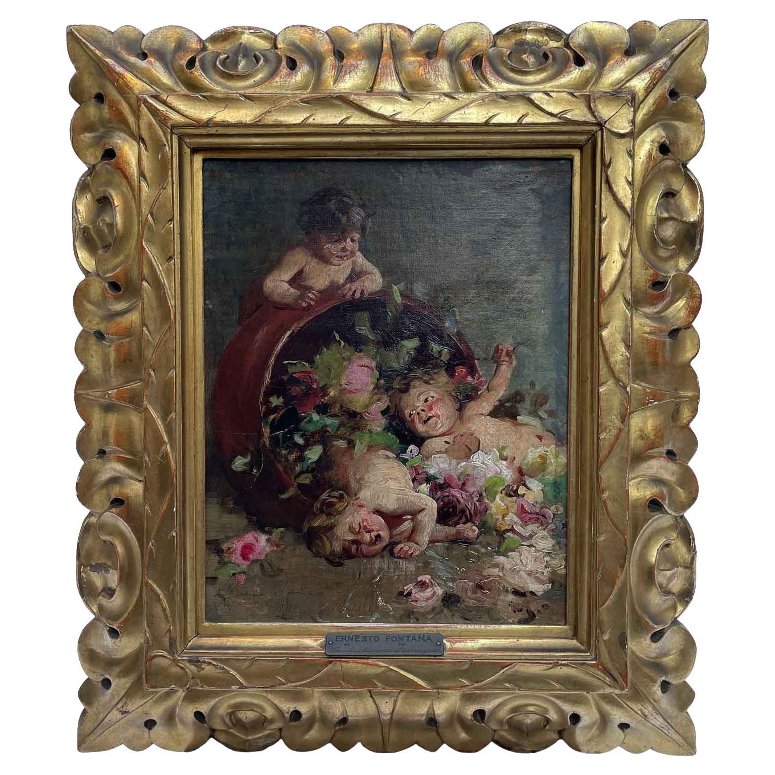 Romantic Ernesto Fontana 1893 Painting With Cupids Between the Two Litigants The Third Gode For Sale