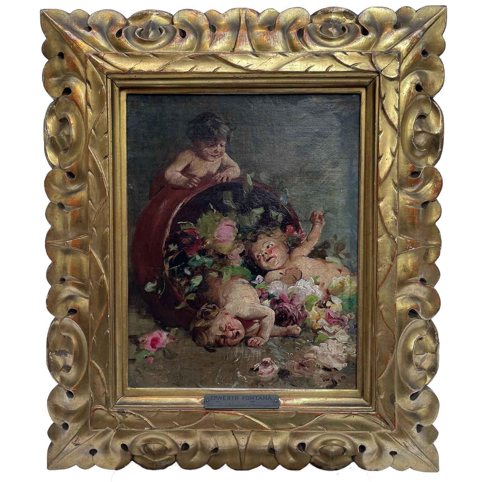 Italian Ernesto Fontana 1893 Painting With Cupids Between the Two Litigants The Third Gode For Sale