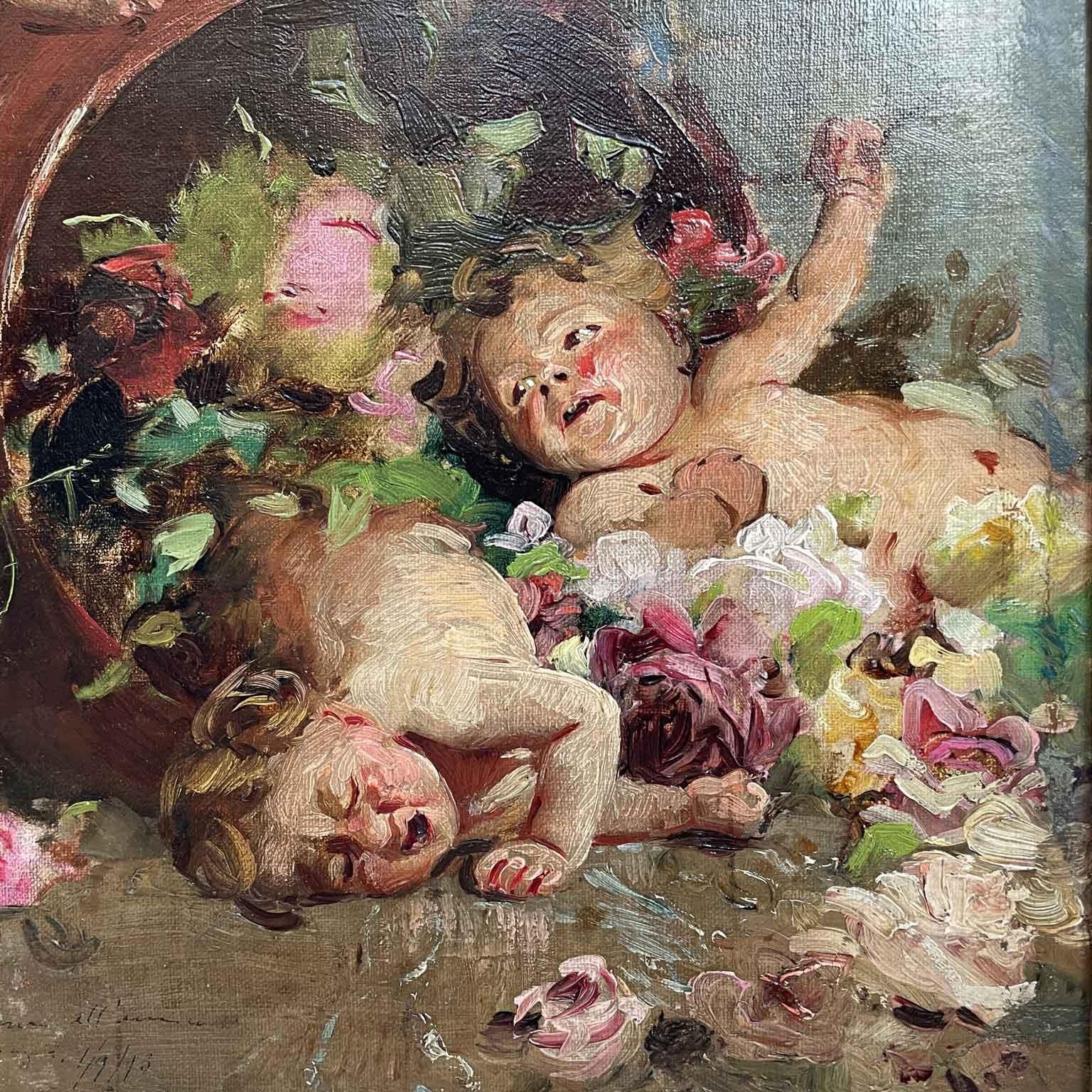 Gilt Ernesto Fontana 1893 Painting With Cupids Between the Two Litigants The Third Gode For Sale