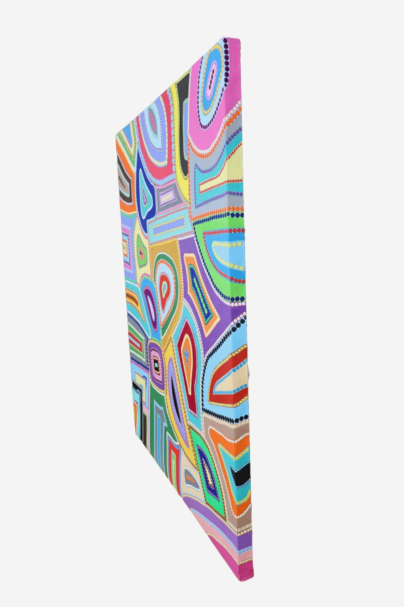 This artwork “Magic Fields”  is a vibrant and colorful abstract piece that showcases an intricate arrangement of shapes and lines. The composition features a multitude of organically shaped forms outlined by dots of varying sizes, creating a